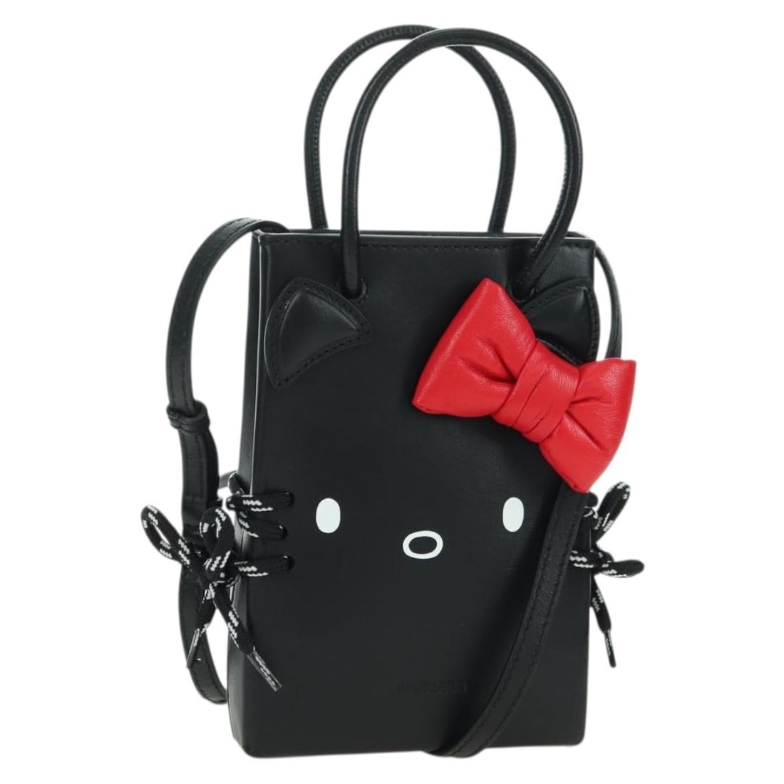 Balenciaga Hello Kitty leather 2way black handbag 619043 with strap: Balenciaga Hello Kitty leather 2way black handbag 619043 with strap This Balenciaga x Sanrio Hello Kitty handbag is crafted from black leather and offers versatile 2-way carrying options with both a h