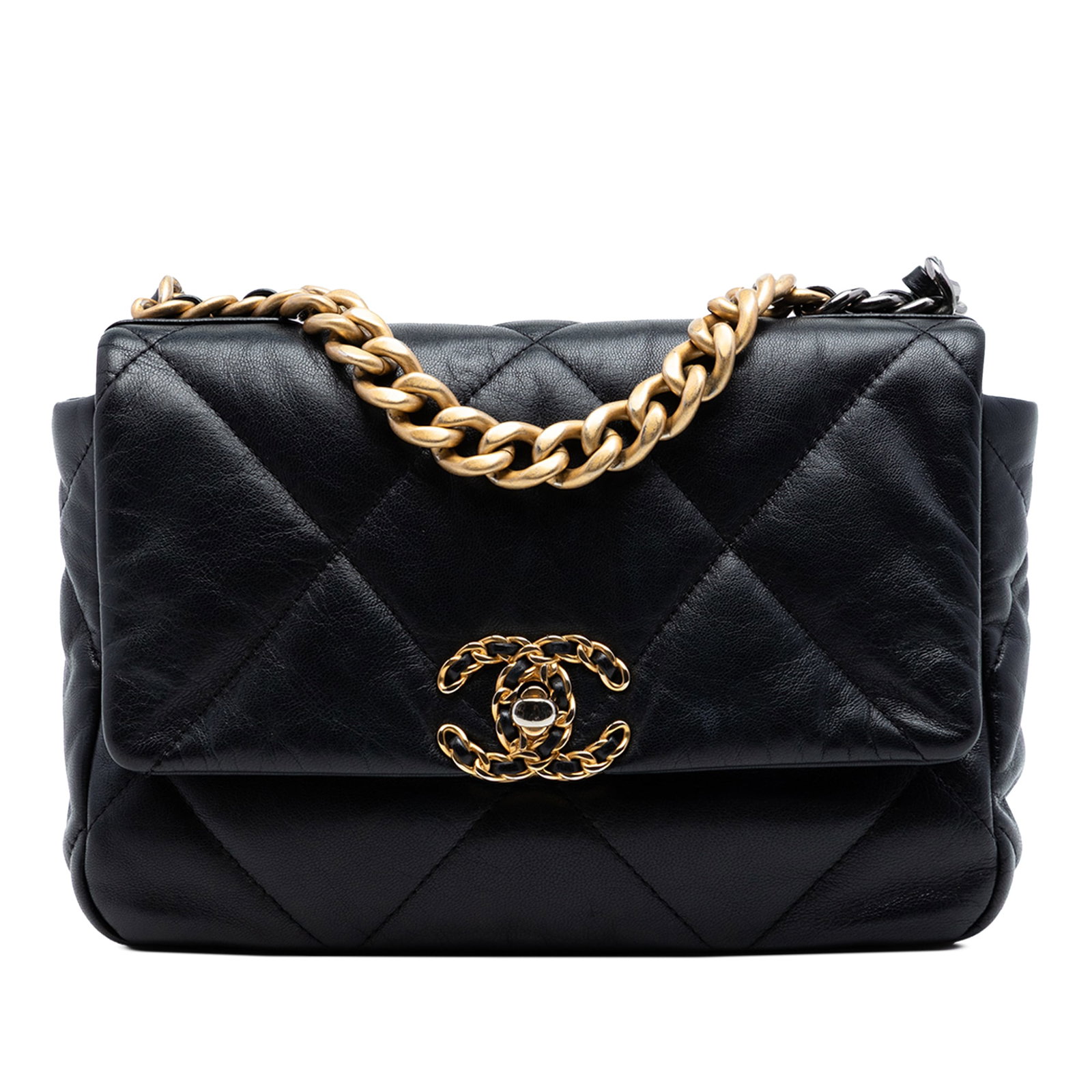 Chanel 19 Flap black lambskin chain shoulder bag: Chanel 19 Flap black lambskin chain shoulder bag This Chanel Medium Lambskin 19 Flap bag is crafted from quilted black lambskin leather and features a gold-tone chain handle, a woven leather chain sho