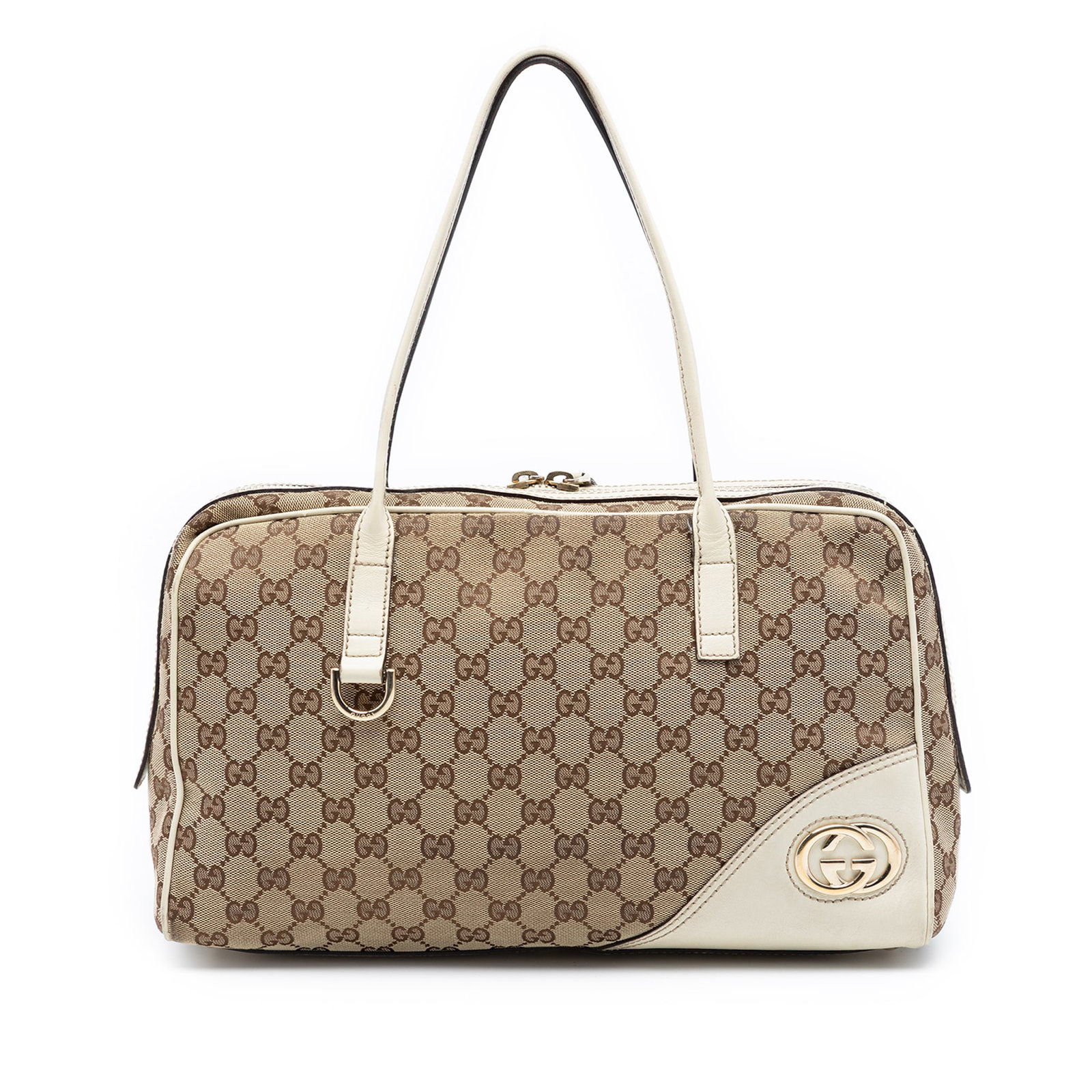 Gucci New Britt GG Canvas Shoulder Bag with Leather Trim: Gucci New Britt GG Canvas Shoulder Bag with Leather Trim The Gucci GG Canvas New Britt Shoulder Bag features a beige canvas body with leather trim, flat leather straps, dual top zip closures, and inte