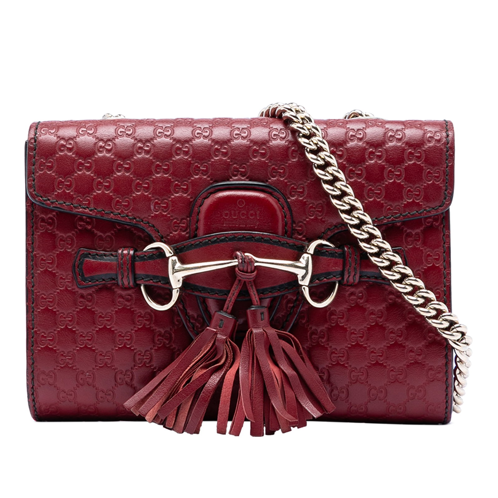 Gucci Microguccissima Emily red leather crossbody bag: Gucci Microguccissima Emily red leather crossbody bag This Gucci Mini Microguccissima Emily Crossbody features an embossed leather body with a signature pattern, a curb chain strap, a front flap with 