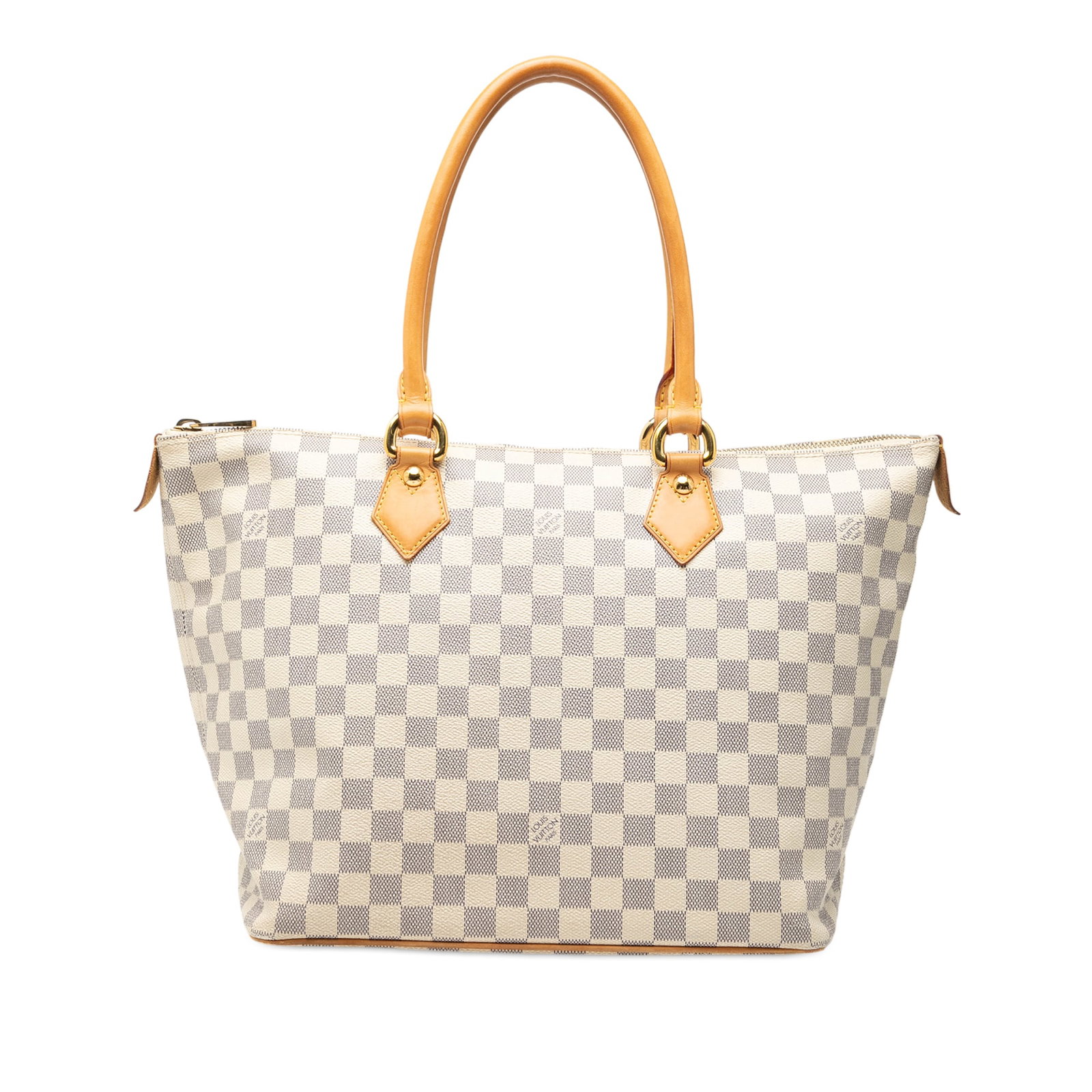 Louis Vuitton Saleya MM Tote Bag in Damier Azur Canvas: Louis Vuitton Saleya MM Tote Bag in Damier Azur Canvas This Louis Vuitton Saleya MM features the signature Damier Azur canvas with rolled vachetta leather handles. The bag is equipped with a top zip c