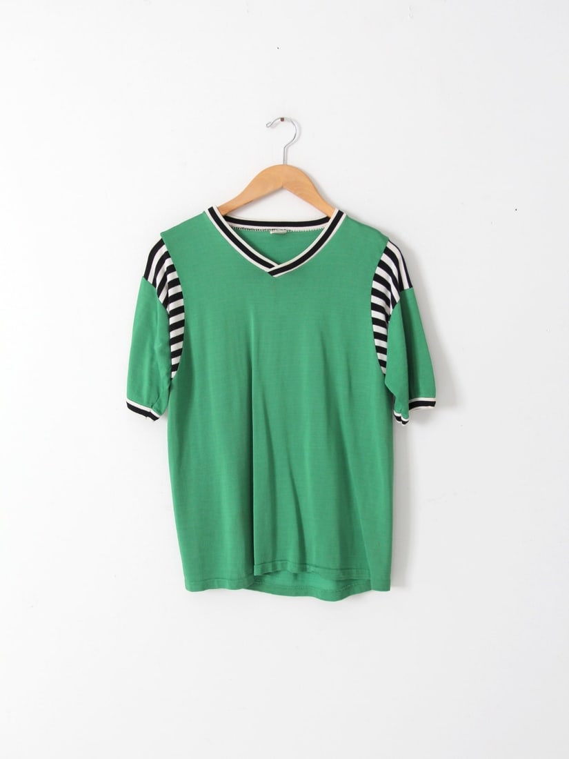 Vintage 70s Mason Jersey T-Shirt Vior's Green Rayon Striped Tee: Vintage 70s Mason Jersey T-Shirt Vior's Green Rayon Striped Tee This vintage 70s Mason jersey t-shirt celebrates Vior's with a stylish design. Made from green rayon, it features distinctive white and 