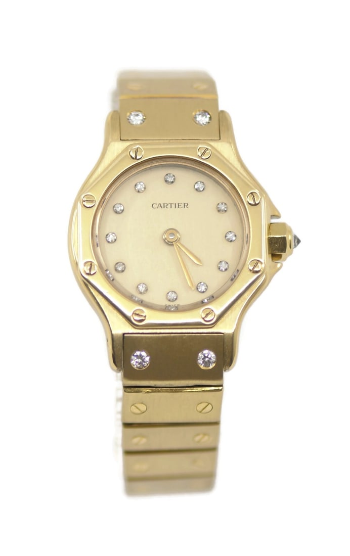 Cartier Santos Octagon Diamond Bezel 18K Yellow Gold Wristwatch: Cartier Santos Octagon Diamond Bezel 18K Yellow Gold Wristwatch The Cartier Santos Octagon is a luxurious wristwatch that showcases a stunning design crafted from 18K yellow gold. This timepiece featu