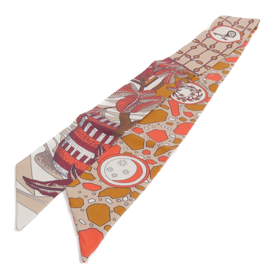Hermes Twilly Silk Scarf in Beige and Red: Hermes Twilly Silk Scarf in Beige and Red A Hermes Twilly scarf in beige and red silk. The item is in very good AB condition and measures 86 cm x 5 cm (33.9 in x 2.0 in). Accessories are not included.