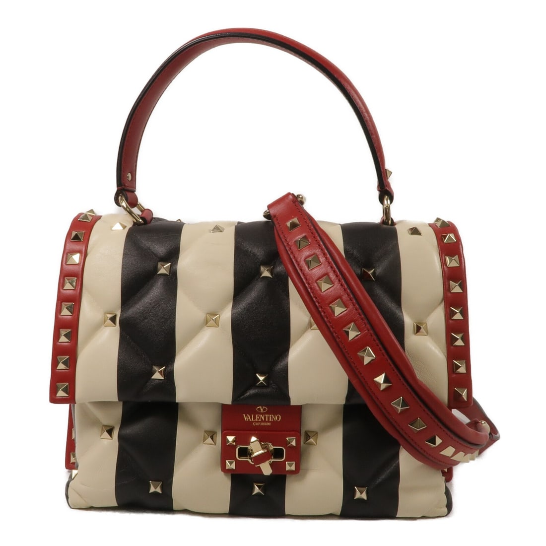 Valentino calfskin 2-way shoulder bag white red black: Valentino calfskin 2-way shoulder bag white red black A Valentino 2-way shoulder bag crafted from calfskin leather in a white, red, and black colorway. It features a turn lock closure, a handle, and a