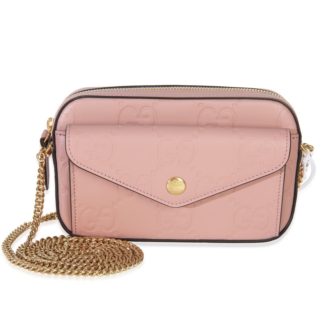 Gucci Super Mini Chain Wallet Pink Leather Debossed GG: Gucci Super Mini Chain Wallet Pink Leather Debossed GG Light pink calfskin debossed GG Super Mini Chain Wallet with a zip-top closure and gold-tone hardware. This unisex bag can be carried as a clutch