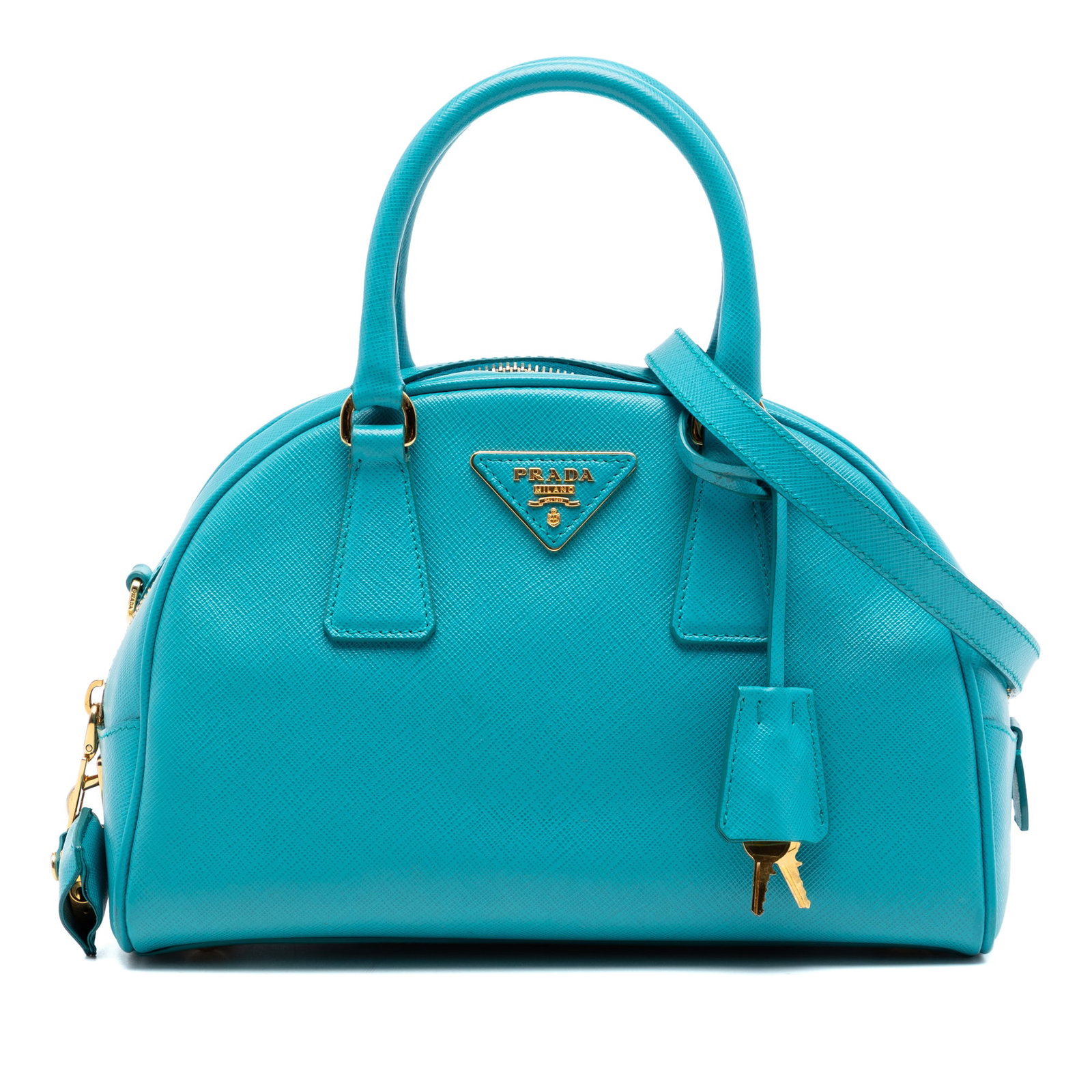 Prada blue saffiano leather satchel with detachable strap: Prada blue saffiano leather satchel with detachable strap This Prada Saffiano Lux Bowling Bag is crafted from blue saffiano leather and features rolled leather handles, a detachable strap, a top zip c