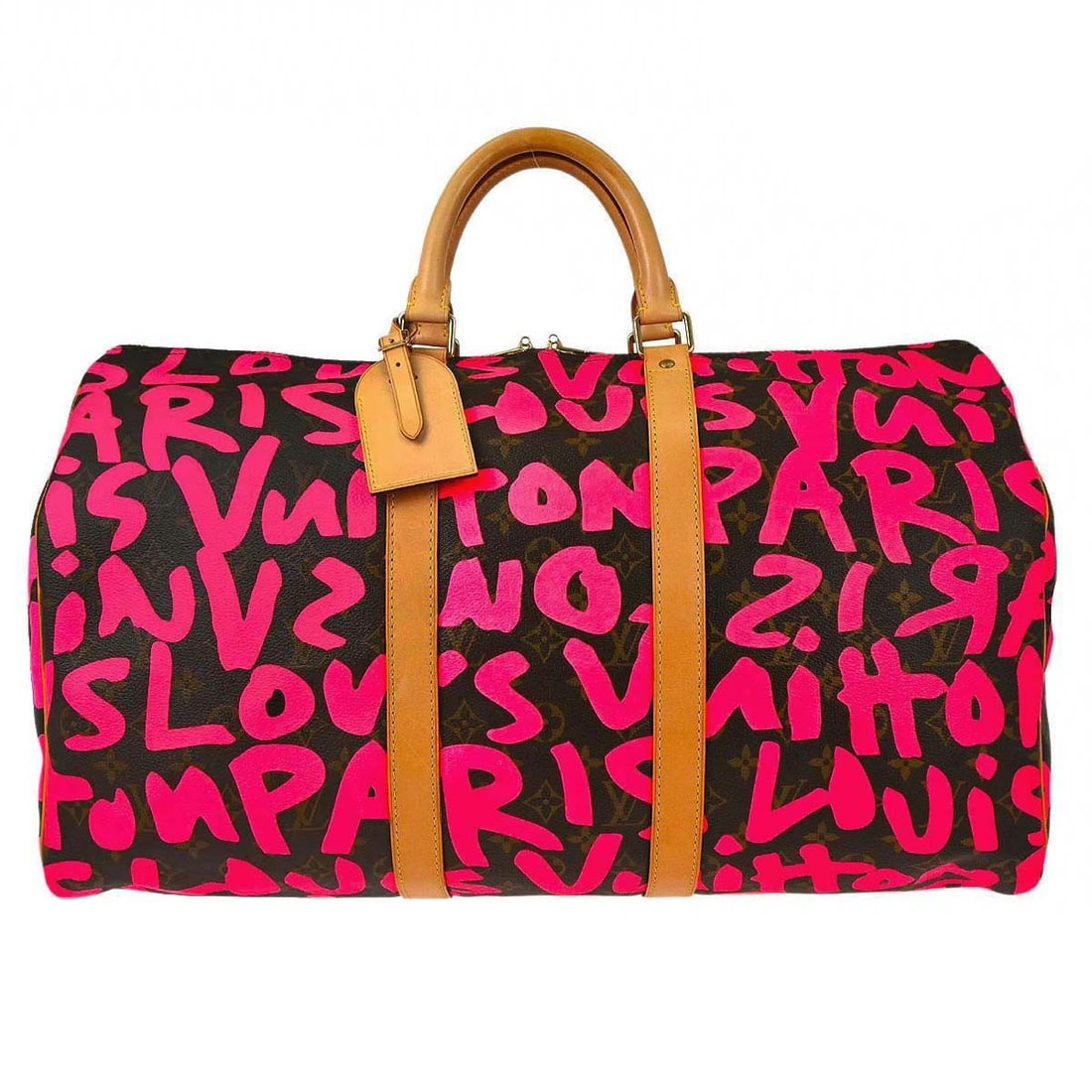 Louis Vuitton Keepall 50 Pink Monogram Graffiti Travel Duffle M93698: Louis Vuitton Keepall 50 Pink Monogram Graffiti Travel Duffle M93698 Louis Vuitton Keepall 50 duffle bag in pink Monogram Graffiti canvas with leather trim. This travel bag features a zip closure, log