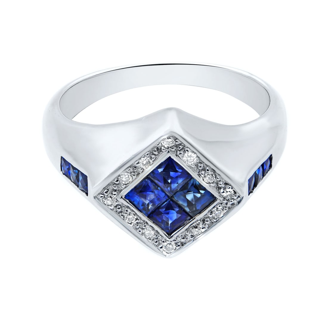 Rachel Koen Sapphire Diamond Band 14k White Gold Size 7: Rachel Koen Sapphire Diamond Band 14k White Gold Size 7 This elegant Rachel Koen ring features a band design crafted in 14k white gold. At the center, four princess cut blue sapphires are arranged in 