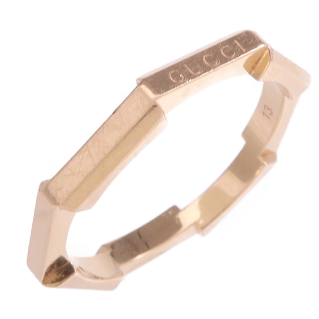 GUCCI GG Link To Love 18K Rose Gold Ring Size 6.5: GUCCI GG Link To Love 18K Rose Gold Ring Size 6.5 A GUCCI GG Link To Love ring in 18K pink gold, presented in a unisex design with a 6.5 ring size. The ring has a 2 mm width and a reported weight of 3