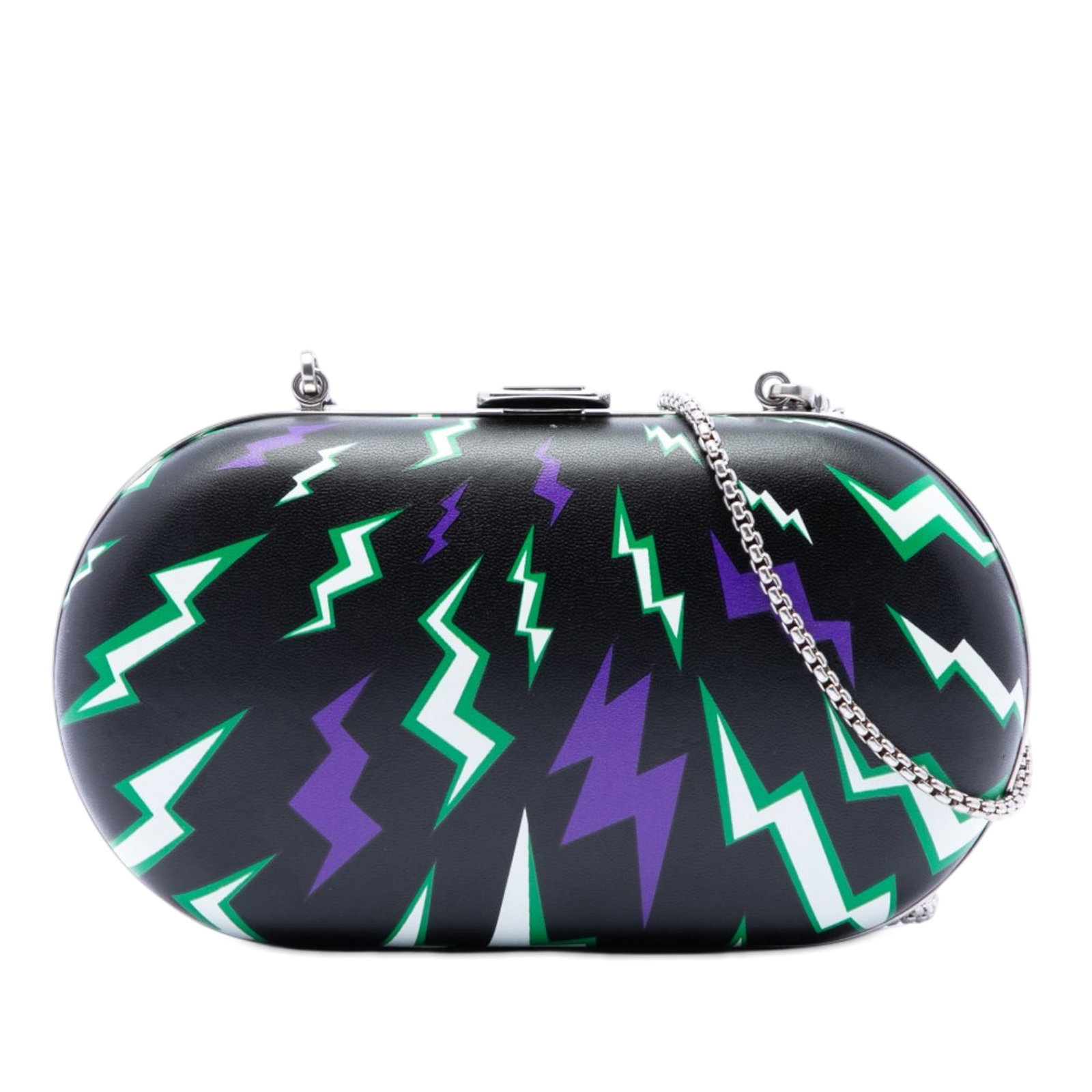 Prada Frankenstein Thunder Leather Chain Clutch Crossbody Bag: Prada Frankenstein Thunder Leather Chain Clutch Crossbody Bag This Prada crossbody bag is presented as the Universal Studios Leather Thunder Frankenstein Clutch with Chain. It features a printed leath