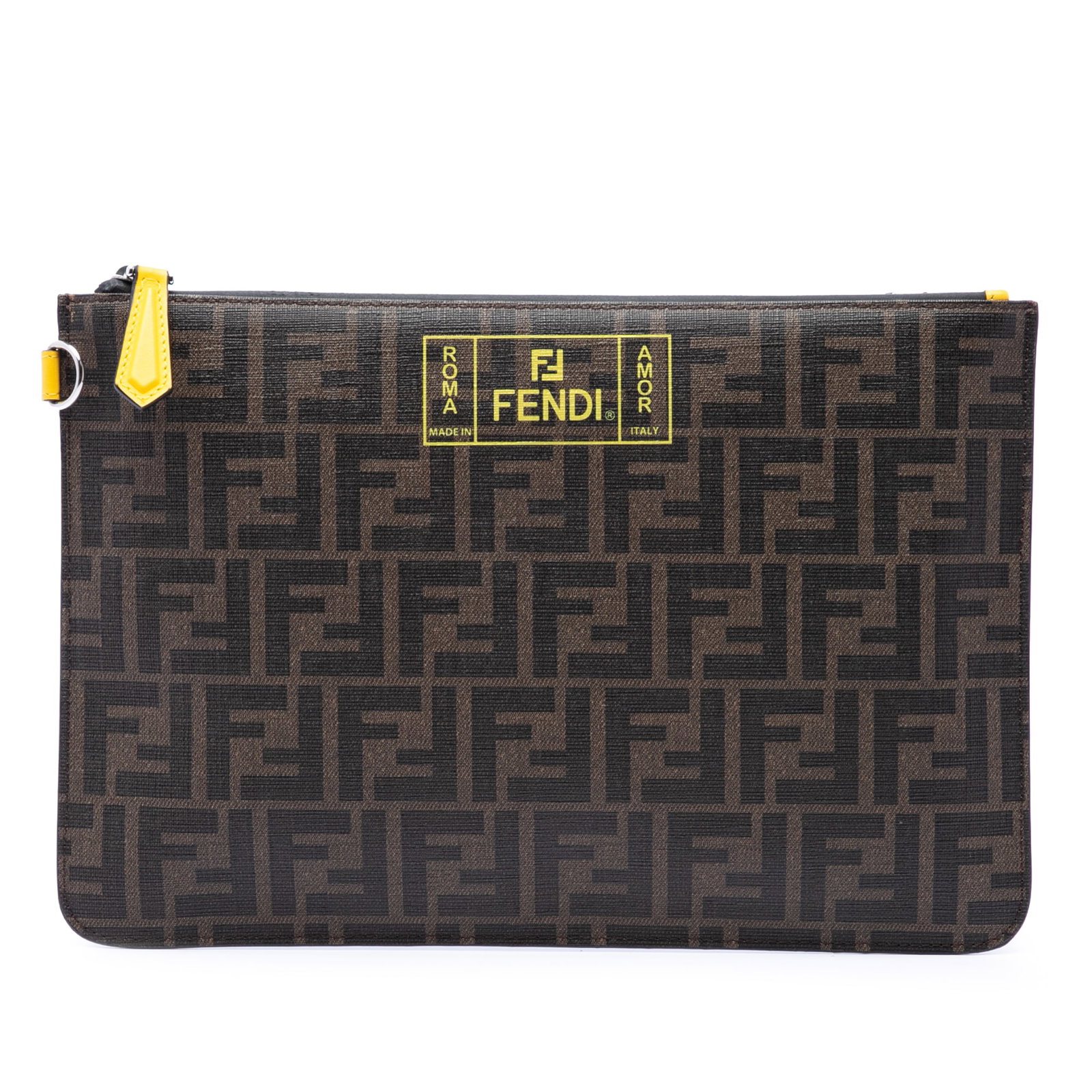 Fendi Roma Amor Zucca Coated Canvas Zip Clutch: Fendi Roma Amor Zucca Coated Canvas Zip Clutch Fendi Zucca Coated Canvas Roma Amor Zip Pouch clutch bag in brown coated canvas with a top zip closure. Made in Italy, this bag is part of the Bags categ