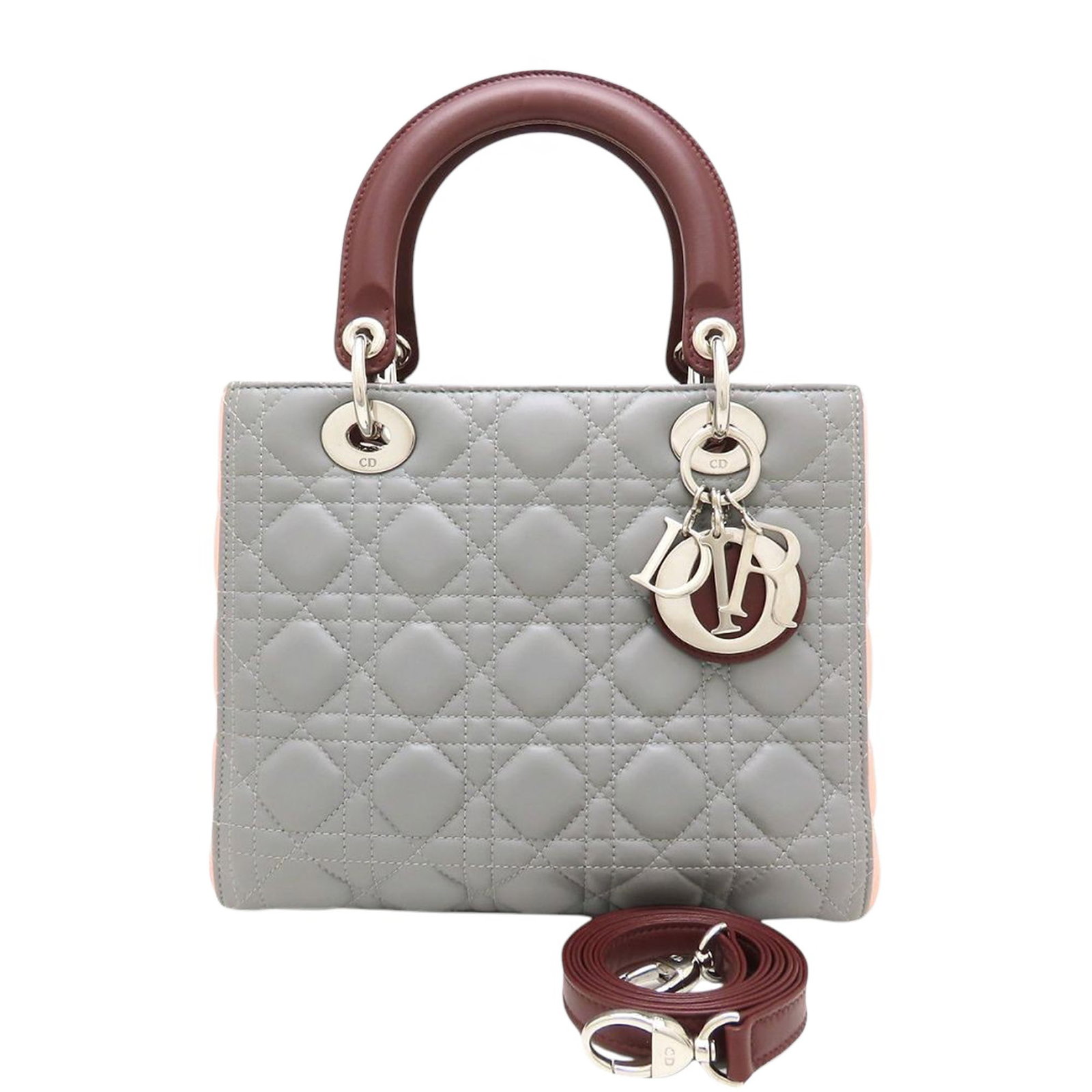 Dior Lady Dior Medium Tricolor Cannage Lambskin Bag: Dior Lady Dior Medium Tricolor Cannage Lambskin Bag The Lady Dior is a medium tricolor handbag crafted in lambskin leather with the signature Cannage design. It features flat leather top handles, a de