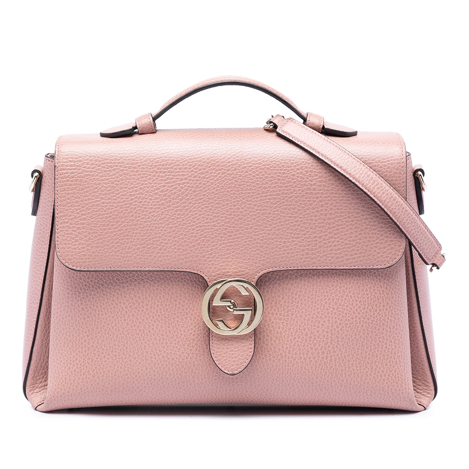 Gucci Interlocking G Medium Leather Satchel Pink: Gucci Interlocking G Medium Leather Satchel Pink A Gucci Medium Dollar Calfskin Interlocking G Satchel in pink leather, made in Italy. It features a leather body, a flat leather top handle, a detachab