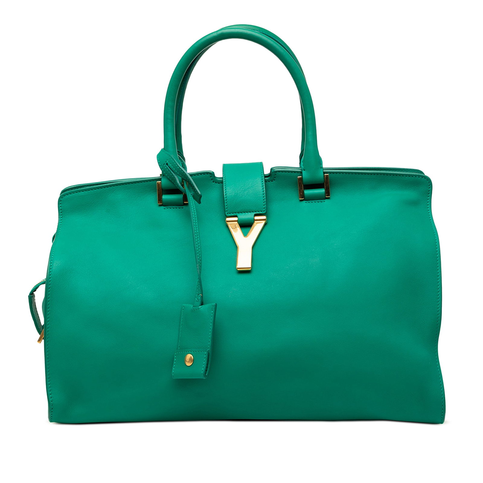 Saint Laurent Cabas Chyc Medium Green Leather Satchel: Saint Laurent Cabas Chyc Medium Green Leather Satchel Saint Laurent Medium Calfskin Cabas Chyc Satchel in green leather with rolled leather handles, a top zip closure, a flap tab with magnetic snap cl