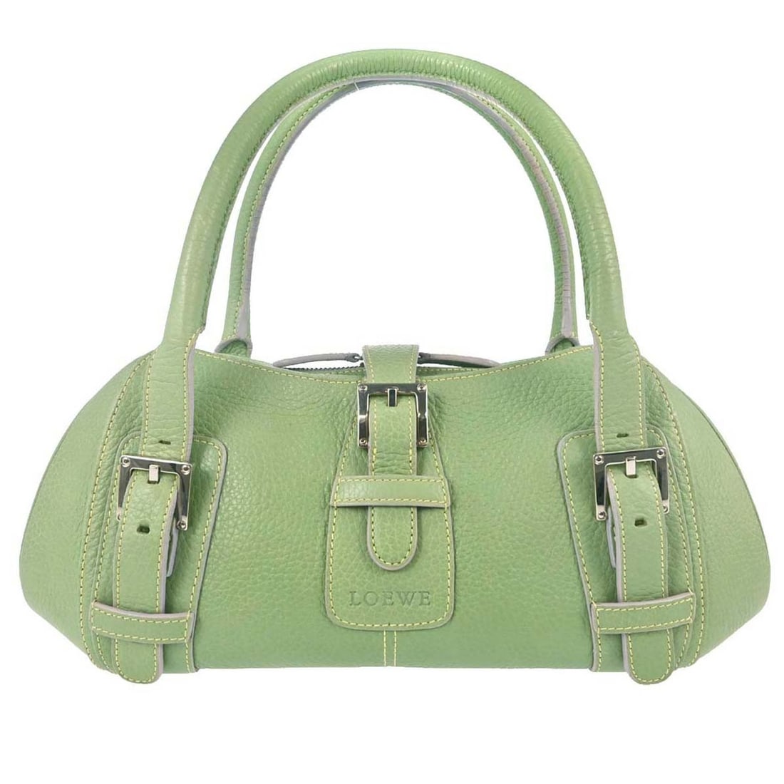 Loewe Senda Green Leather Top Handle Bag with Dust Bag: Loewe Senda Green Leather Top Handle Bag with Dust Bag Loewe Senda handbag in green leather with a top handle bag style and double handles. It features a zip closure, inner pockets, and was made in Sp