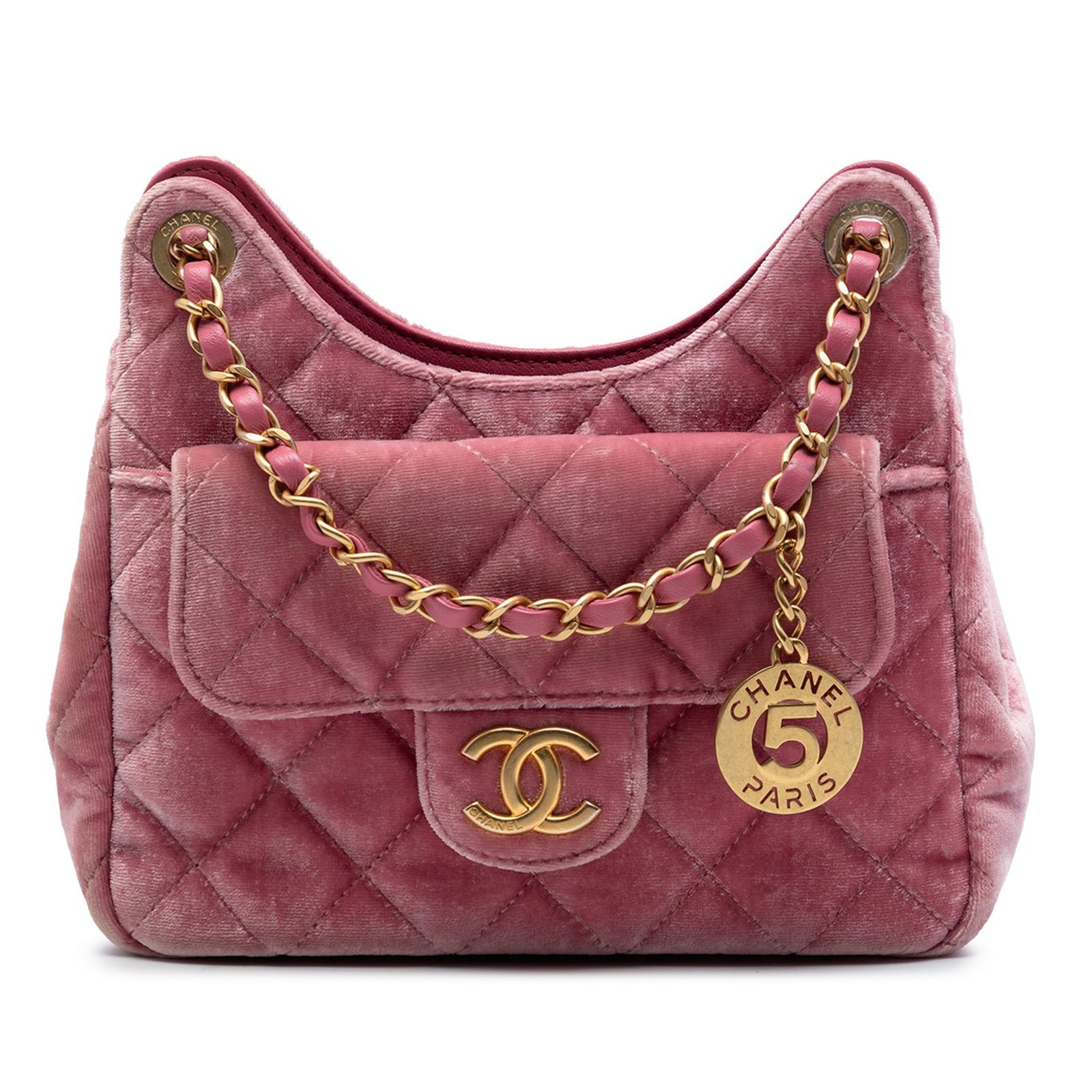 Chanel Wavy CC Small Hobo Bag Quilted Pink Velvet: Chanel Wavy CC Small Hobo Bag Quilted Pink Velvet Chanel Small Quilted Velvet Wavy CC Hobo bag in pink, made in Italy. It features a velvet body, leather woven chain link shoulder straps with a leathe