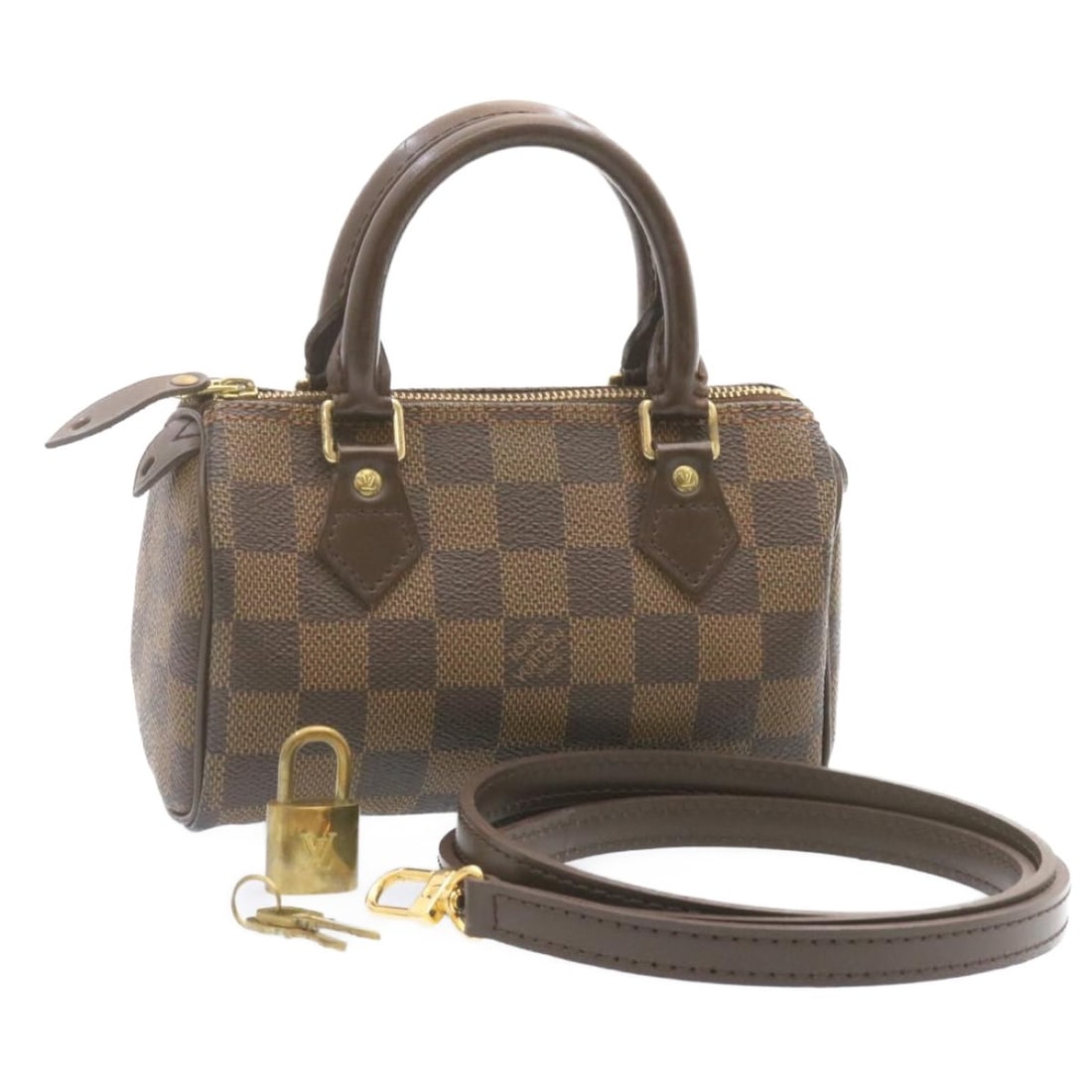 Louis Vuitton Mini Speedy handbag in Damier Ebene canvas with strap: Louis Vuitton Mini Speedy handbag in Damier Ebene canvas with strap Louis Vuitton Mini Speedy handbag in Damier Ebene canvas, made in France. This women's handbag includes a dust bag, item box, padloc