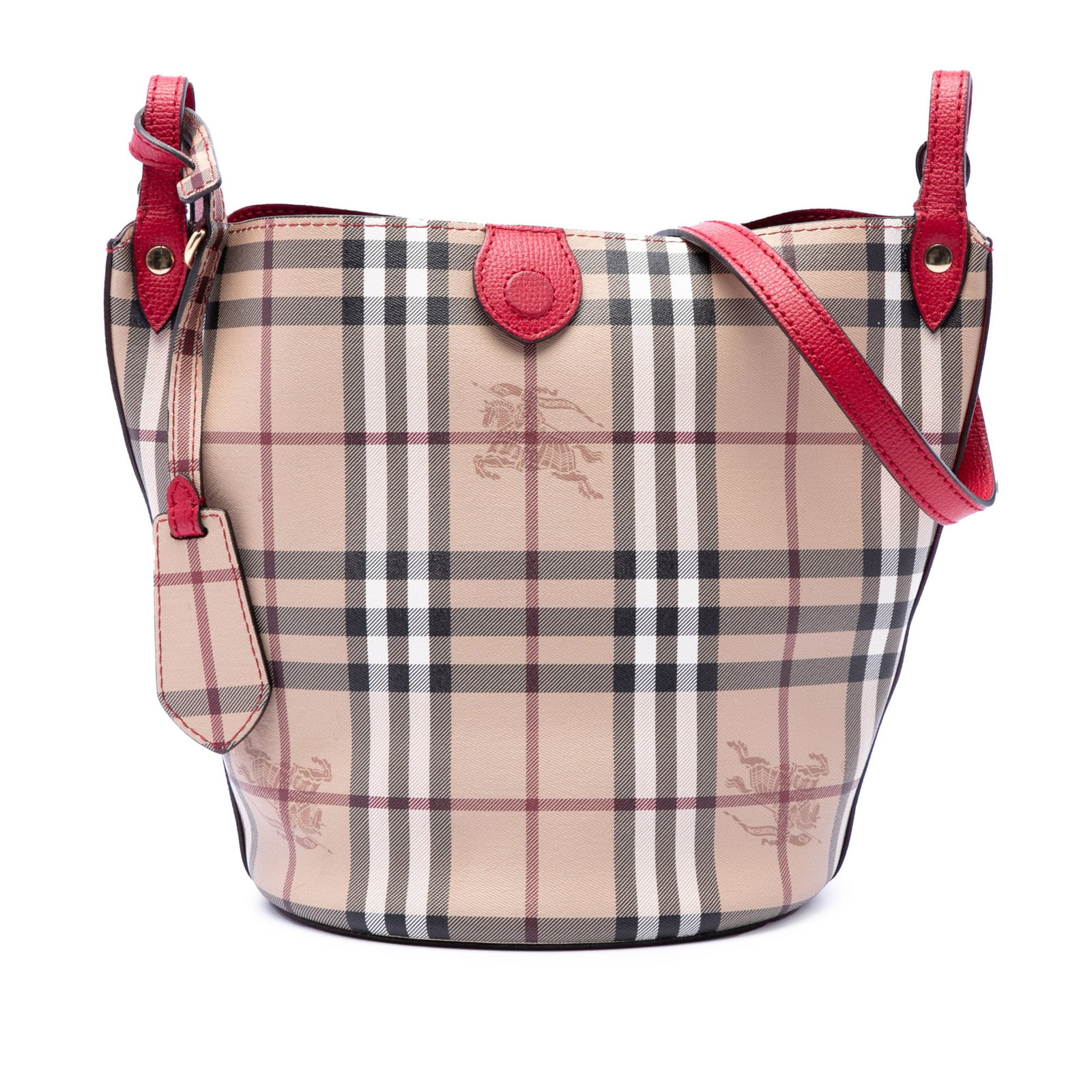 Burberry Lorne Bucket Bag in Haymarket Check Coated Canvas: Burberry Lorne Bucket Bag in Haymarket Check Coated Canvas Burberry Lorne bucket bag in Haymarket check coated canvas with an adjustable flat leather shoulder strap and an open top with magnetic snap 