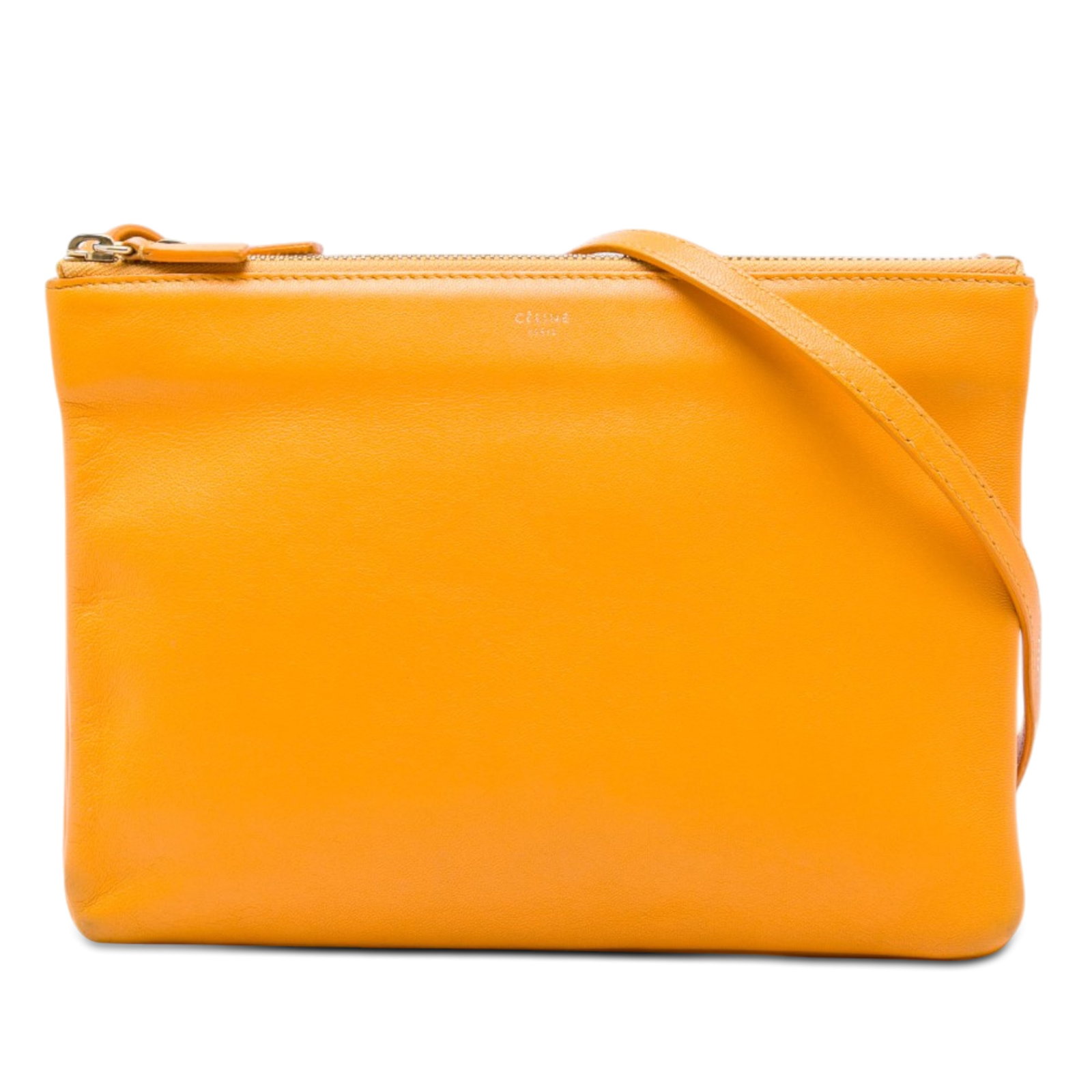 Celine Trio Large Lambskin Leather Crossbody Bag Orange: Celine Trio Large Lambskin Leather Crossbody Bag Orange Celine Large Lambskin Trio Crossbody bag in orange leather, made in Italy. It features a lambskin leather body, an adjustable flat leather strap