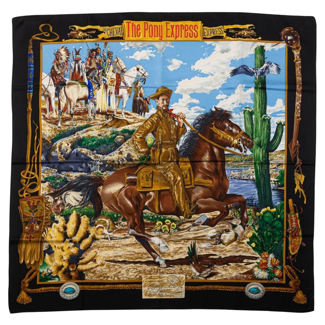 Hermes Pony Express Silk Scarf by Kermit Oliver Black 35 Inch Collectible: Hermes Pony Express Silk Scarf by Kermit Oliver Black 35 Inch Collectible This Hermes Pony Express silk scarf features a striking black design created by Kermit Oliver. A collectible accessory from th