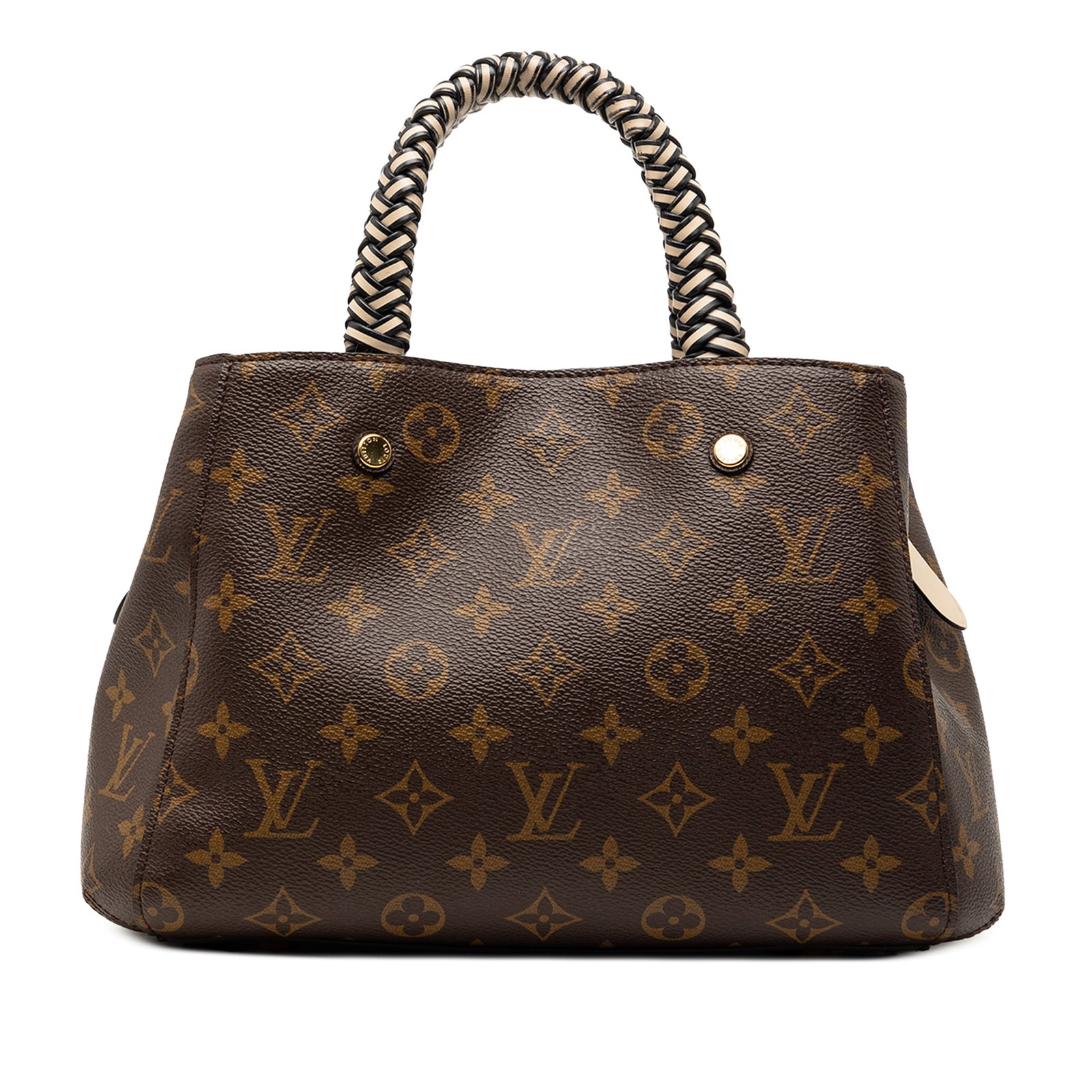 Louis Vuitton Montaigne BB Brown Monogram Canvas Bag with Braided Leather Handles: Louis Vuitton Montaigne BB Brown Monogram Canvas Bag with Braided Leather Handles This Louis Vuitton Montaigne BB features a monogram canvas body with braided leather handles, an open top with a clasp