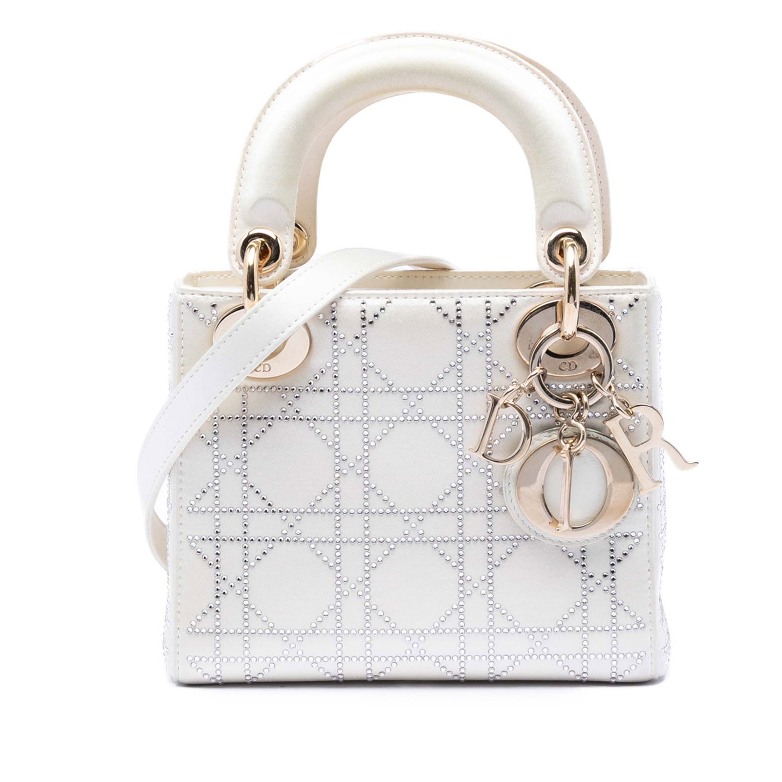 Dior Lady Dior Mini White Satin Bag with Crystal Cannage (1 of 6)