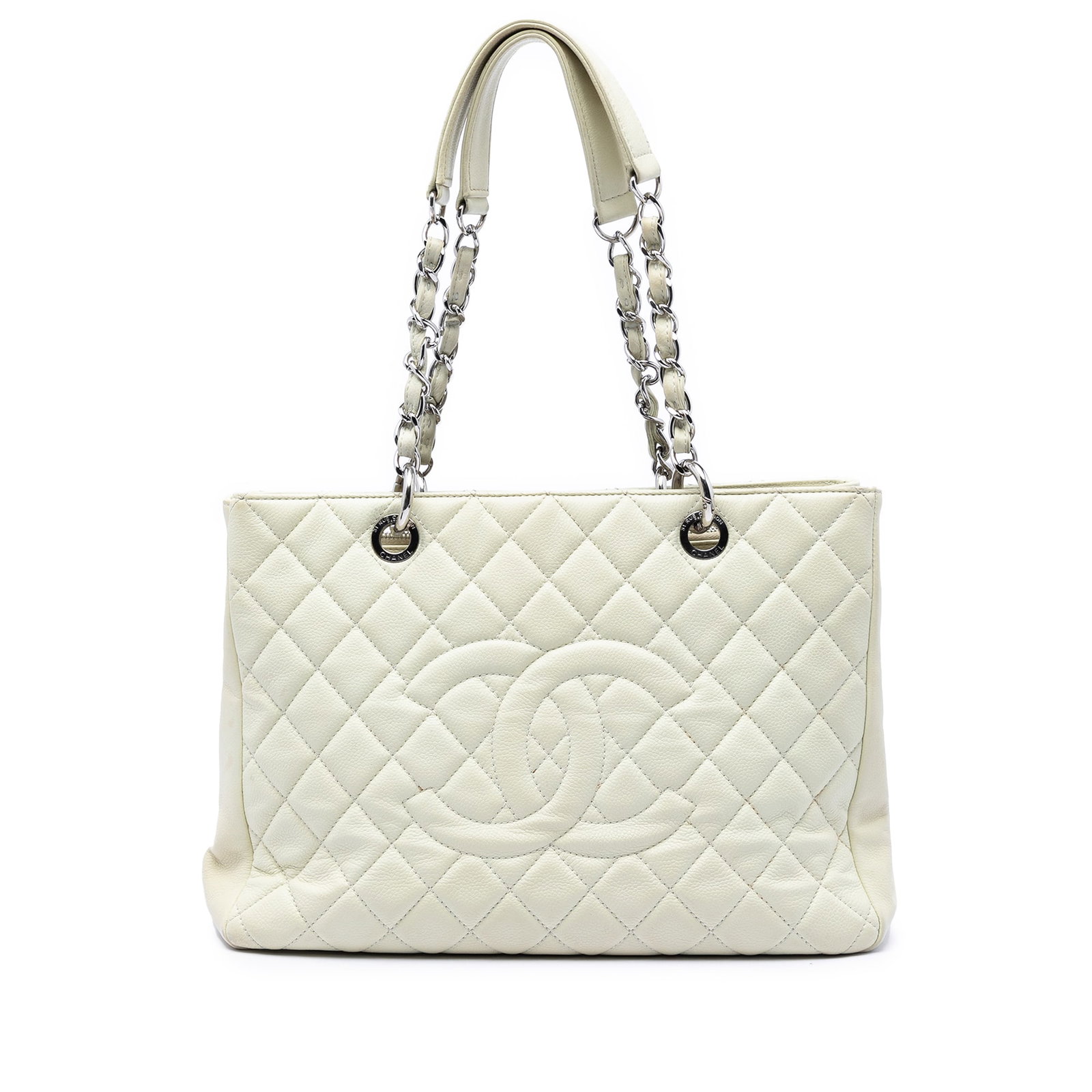 Chanel Grand Shopping Tote in White Caviar Leather: Chanel Grand Shopping Tote in White Caviar Leather This Chanel Grand Shopping Tote is crafted in white caviar leather and features curb chain handles, an open top, a back exterior slip pocket, and int