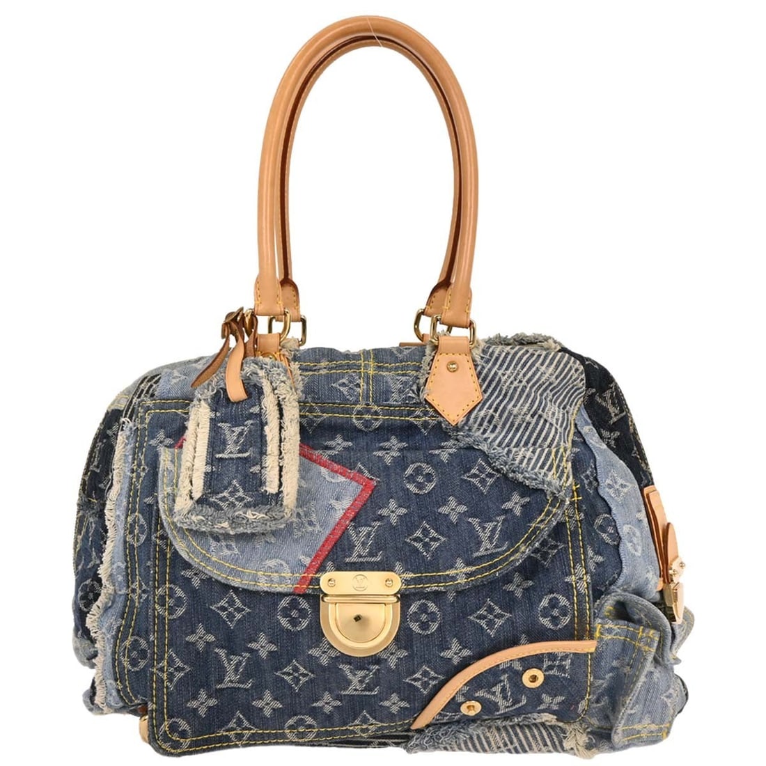Louis Vuitton Louis Bowly Blue Monogram Denim Handbag M95376: Louis Vuitton Louis Bowly Blue Monogram Denim Handbag M95376 Louis Vuitton Bowly handbag in blue Monogram denim patchwork with leather trim and beige handles. This women's handbag features a zip-top c