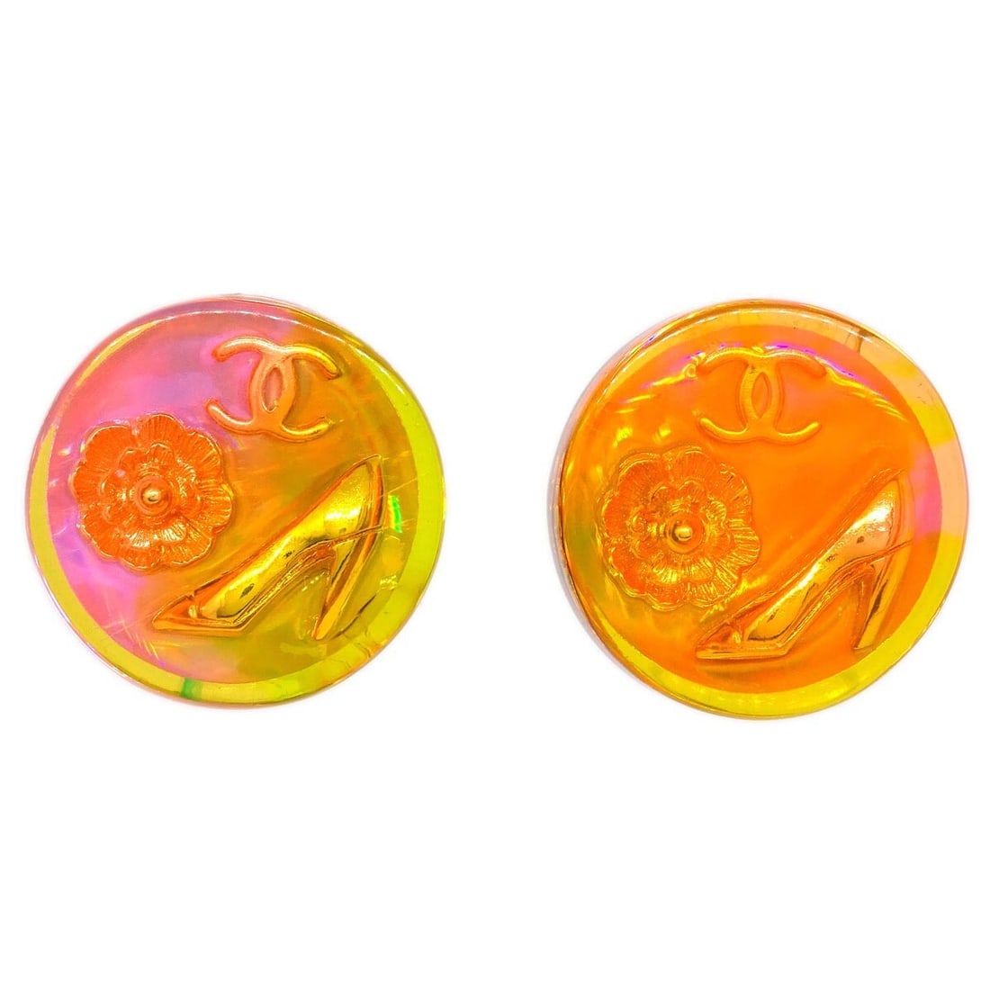 CHANEL 97P Button Clip-On Earrings Pink Acrylic Gold Plated: CHANEL 97P Button Clip-On Earrings Pink Acrylic Gold Plated Clip-on Chanel button earrings featuring a logo-themed design with pink acrylic and gold-plated detailing. Made in France, this pair shows m