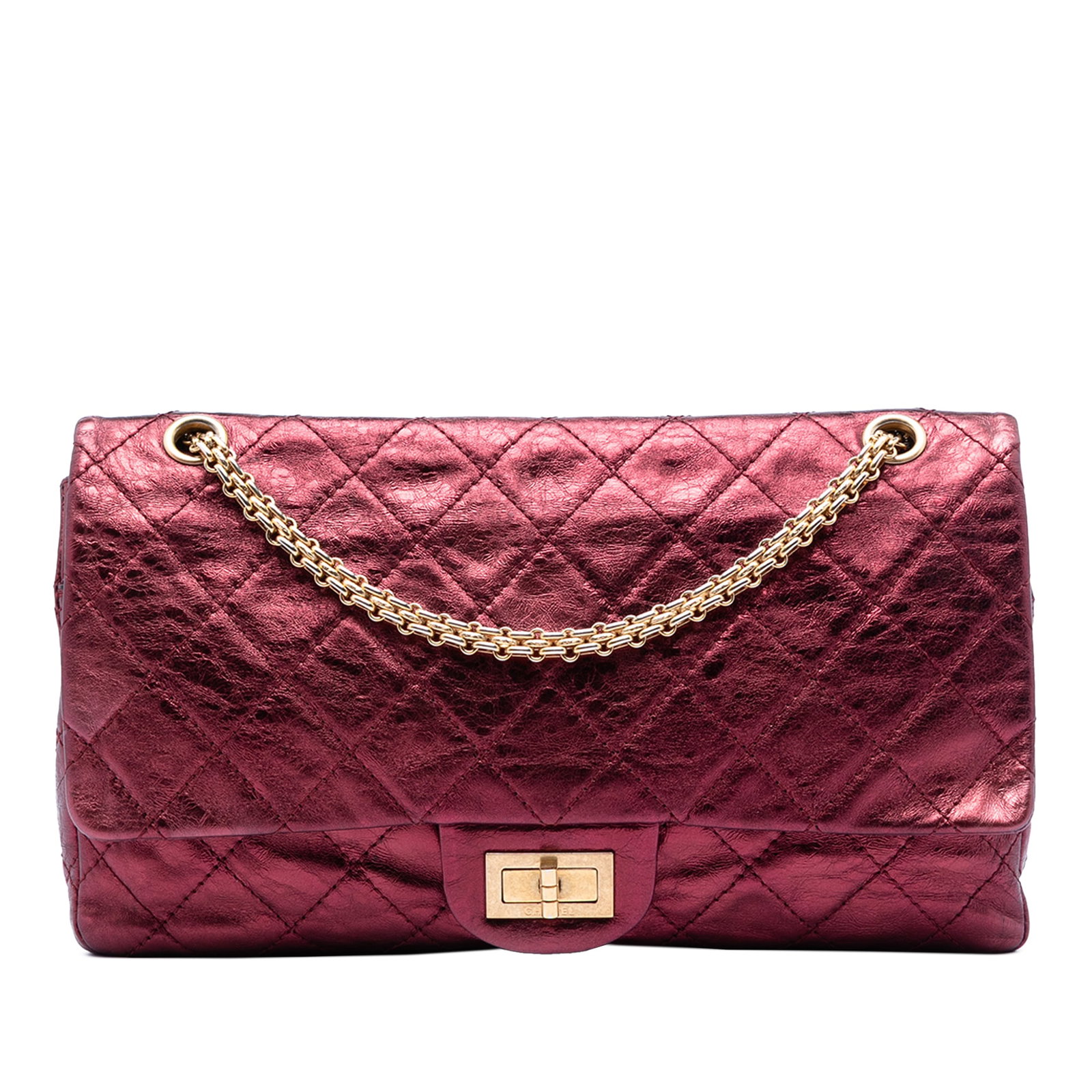 Chanel Reissue 2.55 Double Flap Metallic Lambskin Chain Bag 227: Chanel Reissue 2.55 Double Flap Metallic Lambskin Chain Bag 227 This Chanel Quilted Metallic Lambskin Reissue 2.55 Double Flap 227 is crafted from quilted lambskin leather in a striking red metallic f
