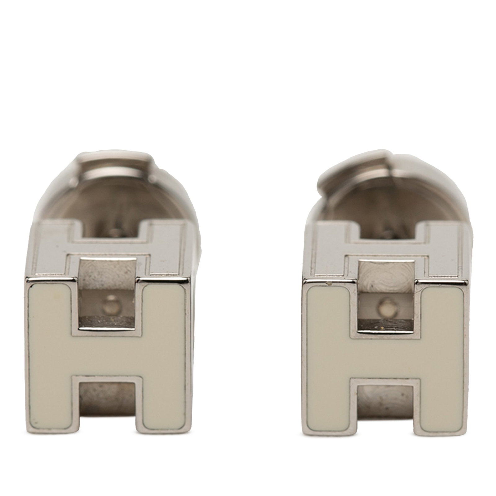 Hermes Cage D H Enamel Palladium Plated Push Back Earrings: Hermes Cage D H Enamel Palladium Plated Push Back Earrings These Hermes earrings feature a palladium plated metal body with enamel detailing and secure push back closures. Made in France, they showcas