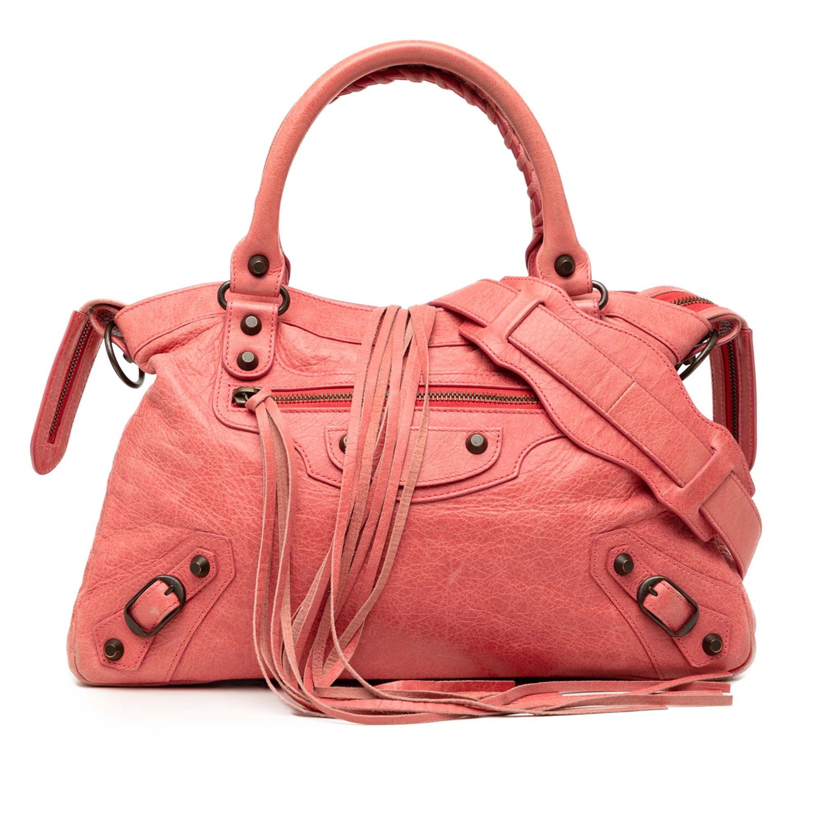 Balenciaga Classic Town Lambskin Leather Satchel Pink: Balenciaga Classic Town Lambskin Leather Satchel Pink Balenciaga Motocross Classic City satchel in pink lambskin leather, made in Italy. It features rolled leather handles, a detachable flat leather s