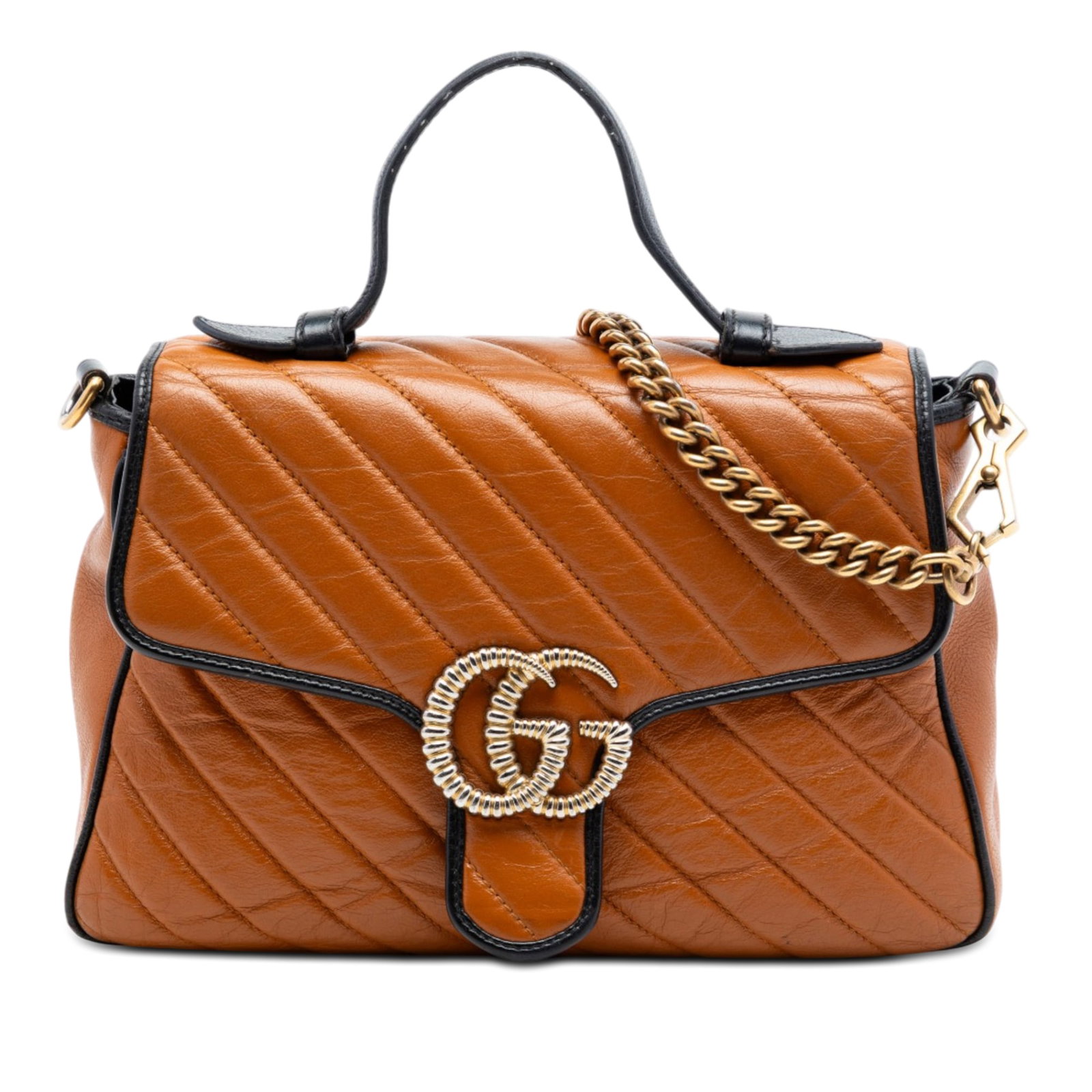 Gucci GG Marmont Small Torchon Top Handle Satchel Brown Leather: Gucci GG Marmont Small Torchon Top Handle Satchel Brown Leather Small GG Marmont Matelasse Leather Torchon top handle bag in brown leather. This satchel features a quilted leather body, a flat leather