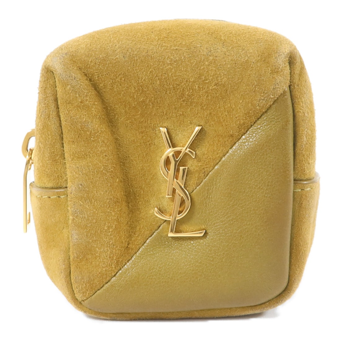 Saint Laurent 669964 suede lambskin pouch clutch green brown: Saint Laurent 669964 suede lambskin pouch clutch green brown A Saint Laurent YSL pouch clutch bag in green and brown suede with lambskin (sheep leather) trim. It features a fastener pocket and has no 