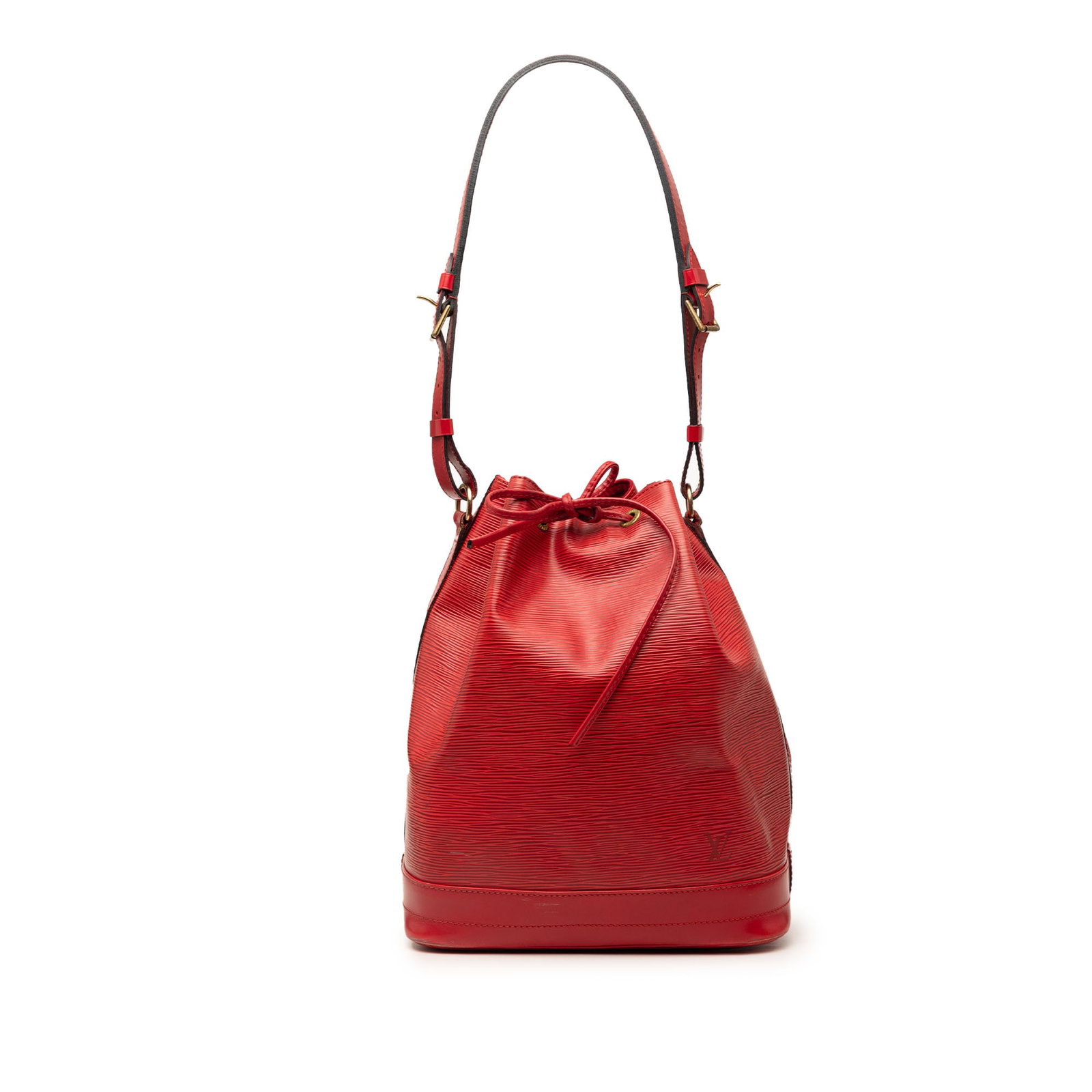 Louis Vuitton Epi Noe GM Red Leather Drawstring Bag: Louis Vuitton Epi Noe GM Red Leather Drawstring Bag Louis Vuitton Epi Noe GM bucket bag crafted in red Epi leather with an adjustable flat leather strap and top drawstring closure. Made in France. Con