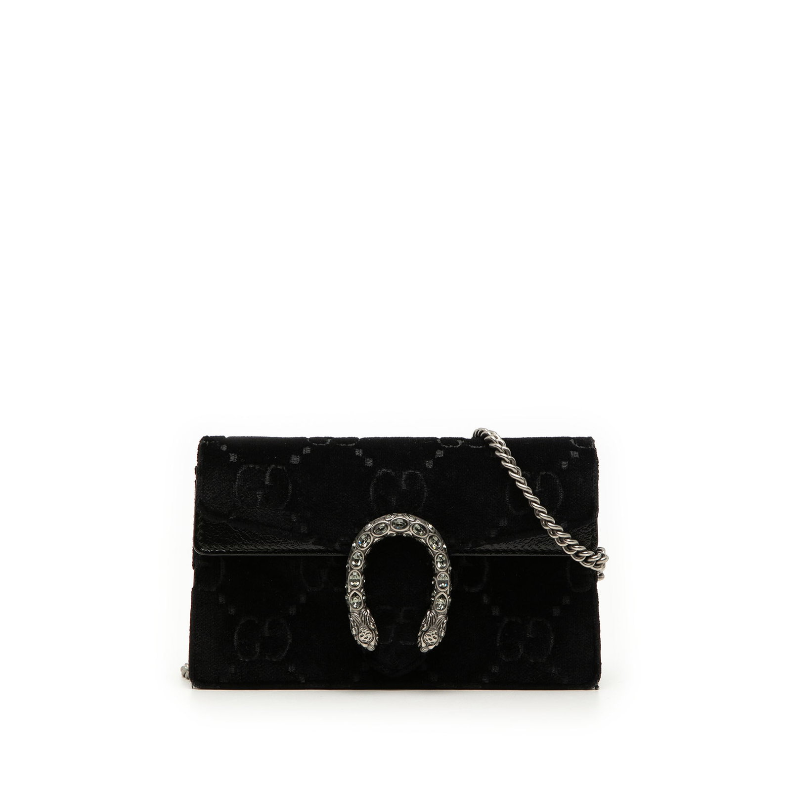Gucci Dionysus Mini GG Velvet Crossbody Bag Black: Gucci Dionysus Mini GG Velvet Crossbody Bag Black The Mini GG Velvet Dionysus crossbody bag features a velvet body with leather trim, a chain link shoulder strap, and a top flap with snap closure. It 