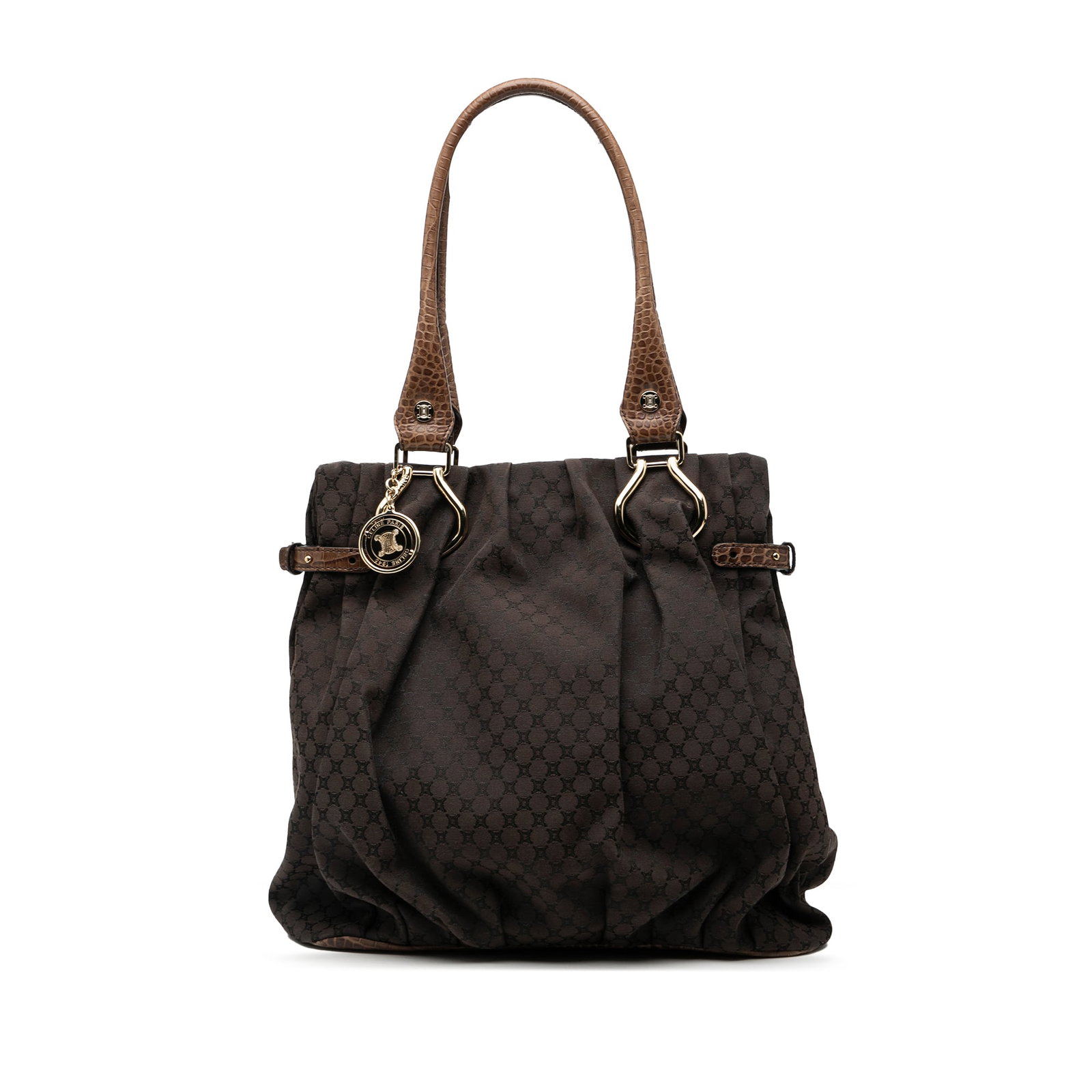 Celine Macadam Vertical Tote with Embossed Leather Trim and Handles: Celine Macadam Vertical Tote with Embossed Leather Trim and Handles This Celine tote bag features a brown canvas body with embossed leather trim and matching embossed leather handles. The bag is desig