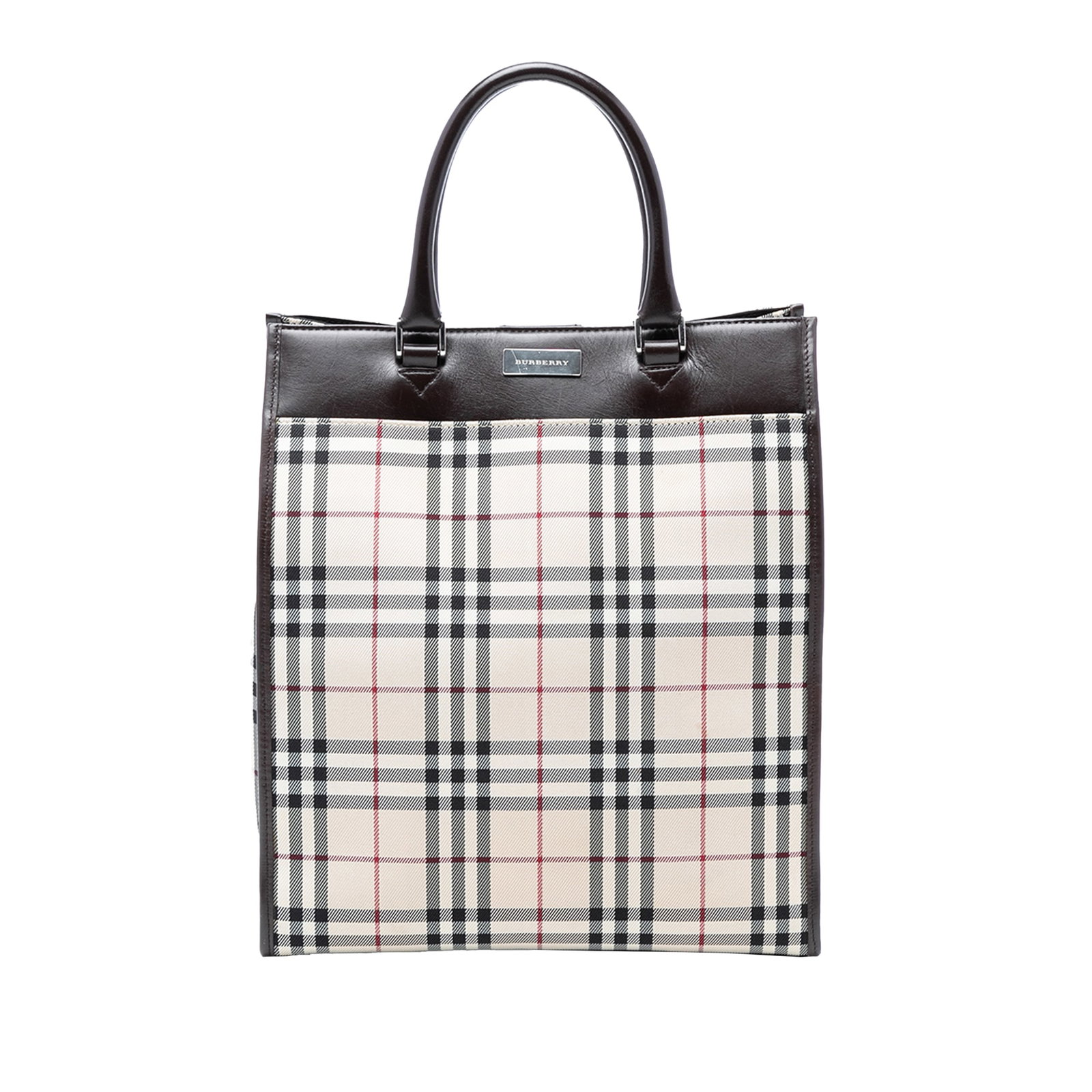 Burberry Tote Bag with House Check Canvas and Leather Trim: Burberry Tote Bag with House Check Canvas and Leather Trim This Burberry House Check Canvas Tote features a canvas body with leather trim, rolled leather handles, an open top with a magnetic snap clos