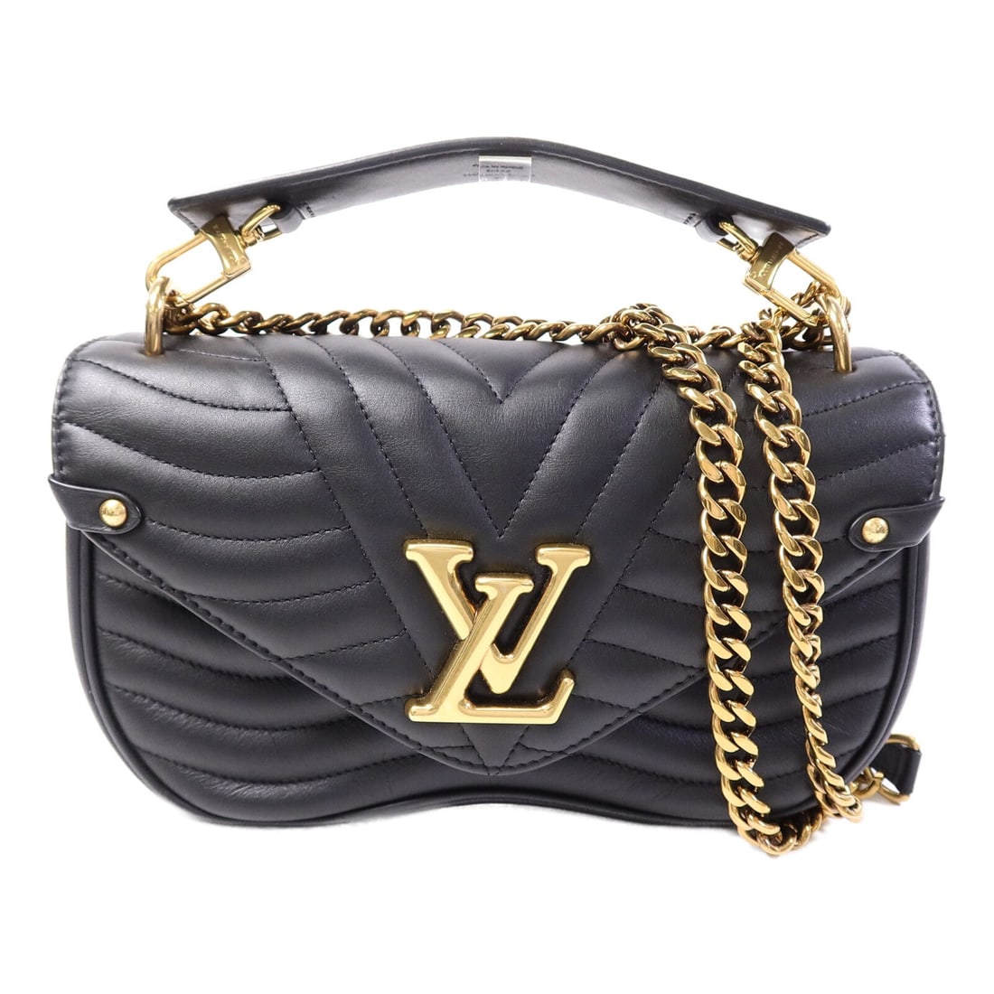 Louis Vuitton New Wave Chain MM 2 Way Shoulder Bag Black Calfskin M51498: Louis Vuitton New Wave Chain MM 2 Way Shoulder Bag Black Calfskin M51498 A Louis Vuitton New Wave Chain MM 2 Way Shoulder Bag in black calfskin (cowhide), made in France. It features a removable leath