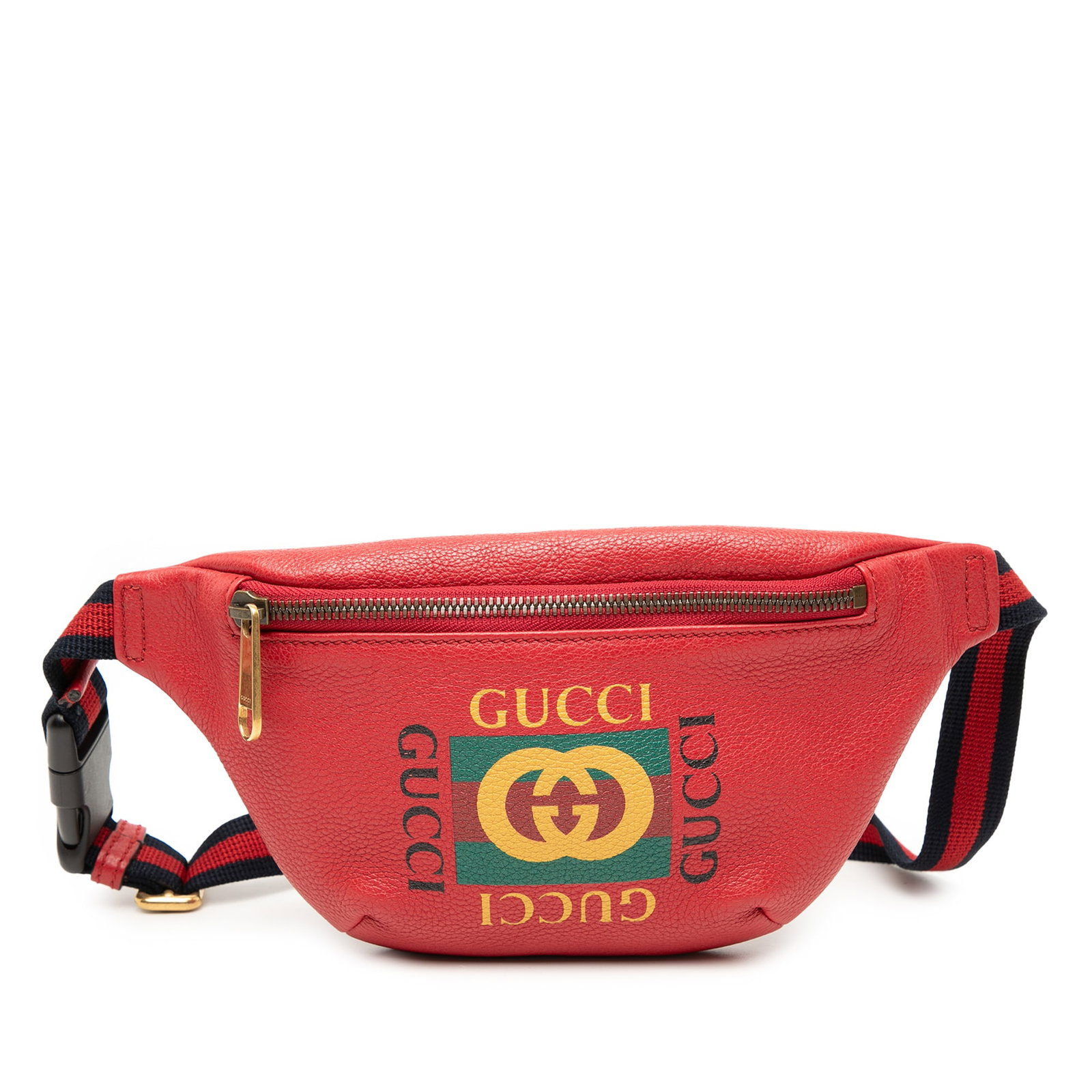 Gucci Small Grained Calfskin Web Logo Belt Bag Red Leather: Gucci Small Grained Calfskin Web Logo Belt Bag Red Leather This Gucci Small Leather Logo Belt Bag is crafted from printed leather in a striking red color. It features an adjustable canvas waist strap 