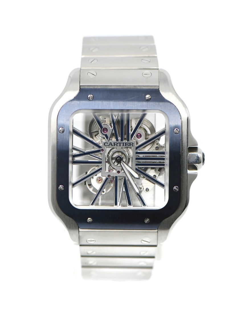 Cartier Santos Skeleton 40mm Stainless Steel Watch WHSA0026 with Box and Papers: Cartier Santos Skeleton 40mm Stainless Steel Watch WHSA0026 with Box and Papers The Cartier Santos Skeleton Stainless Steel Watch (Model: WHSA0026) is a stunning wristwatch featuring a clear dial and 