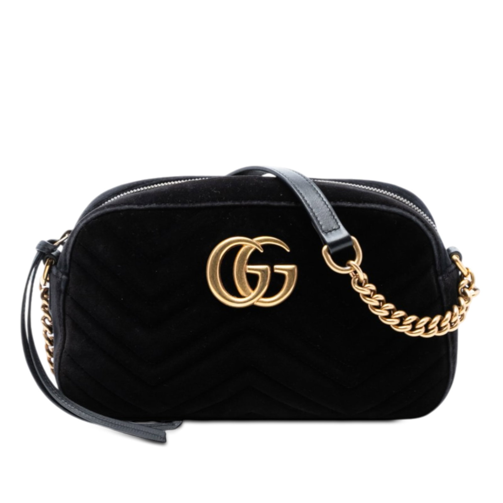 Gucci GG Marmont Small Velvet Crossbody Bag Black: Gucci GG Marmont Small Velvet Crossbody Bag Black Gucci Small GG Marmont Matelasse Velvet Crossbody in black with a quilted velvet body, chain-link detailing, an adjustable flat leather strap, top zip