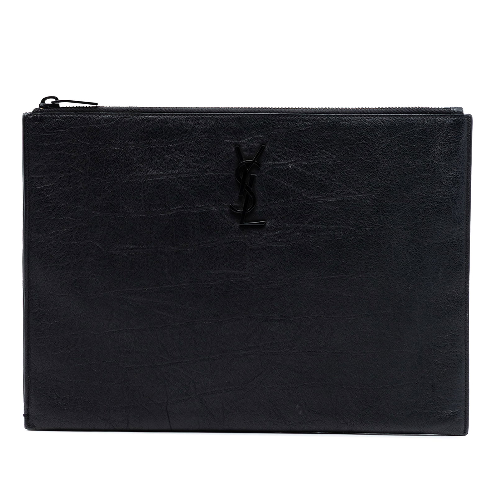 Black Croc Embossed Leather Clutch with Monogram Detail by Saint Laurent: Black Croc Embossed Leather Clutch with Monogram Detail by Saint Laurent This Saint Laurent clutch features a black croc-embossed leather body with a top zip closure and interior slip pockets. The ext
