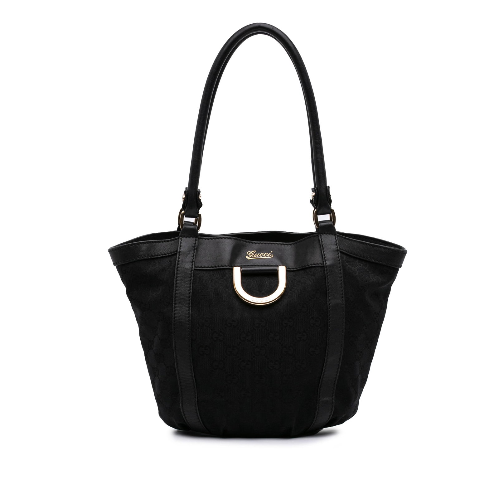 Gucci Abbey D Ring GG Canvas Shoulder Bag Black: Gucci Abbey D Ring GG Canvas Shoulder Bag Black Gucci GG Canvas Abbey D Ring handbag made in Italy. It features a leather body, rolled leather handles, an open top with magnetic snap button closure, a
