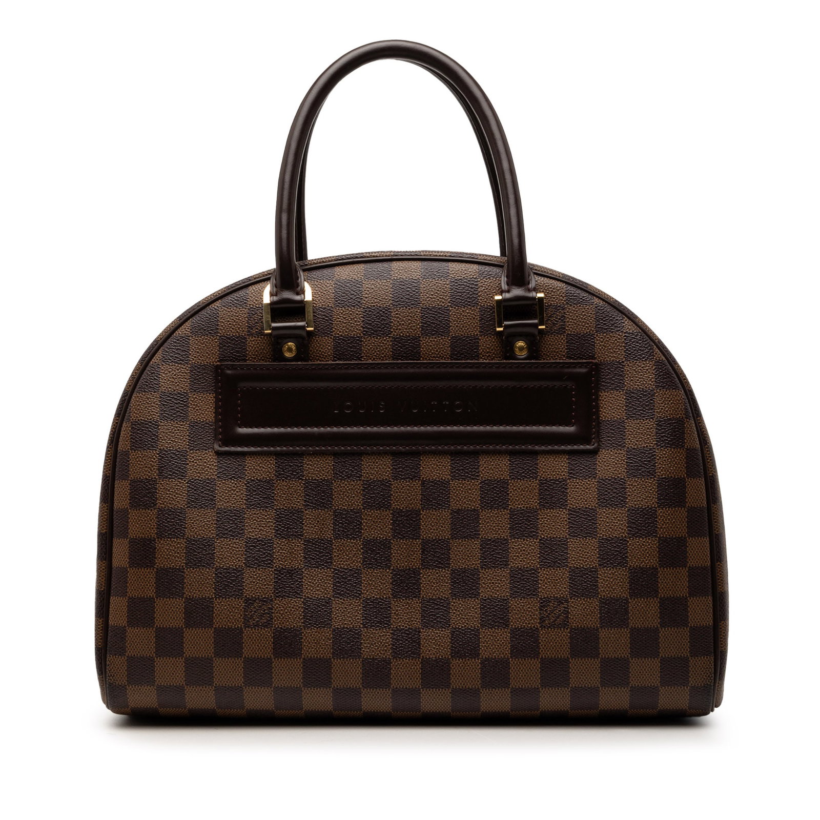 Louis Vuitton Nolita Handbag in Damier Ebene Canvas with Leather Trim: Louis Vuitton Nolita Handbag in Damier Ebene Canvas with Leather Trim The Louis Vuitton Damier Ebene Nolita features a brown Damier Ebene patterned fabric body with leather trim, rolled leather handle