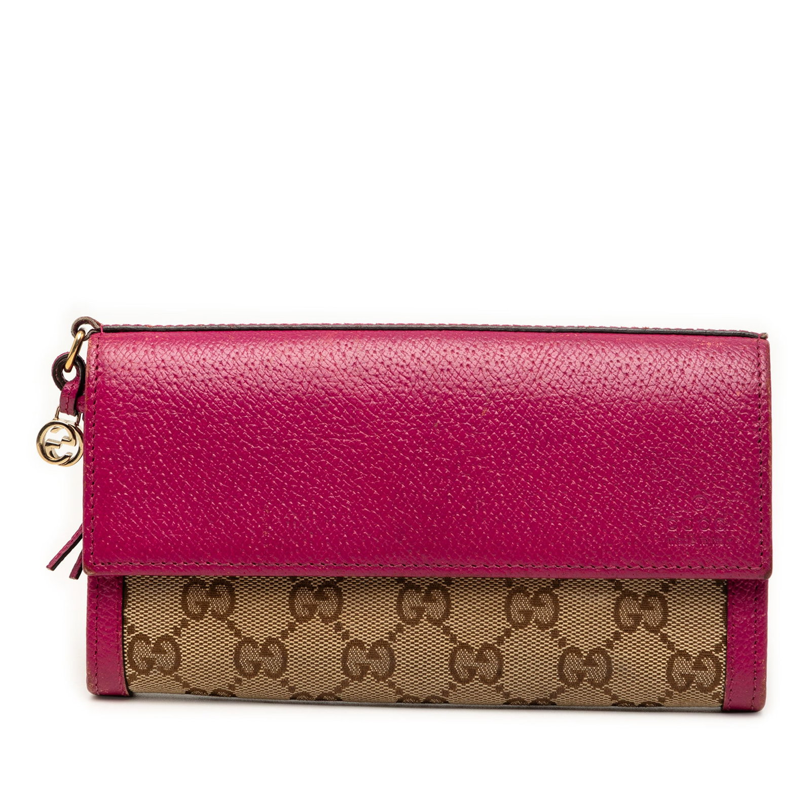 Gucci Bree GG Canvas Flap Wallet with Leather Trim: Gucci Bree GG Canvas Flap Wallet with Leather Trim Gucci GG Canvas Bree Wallet in beige fabric with leather trim. This wallet features a front flap with snap button closure, interior zip and slip comp