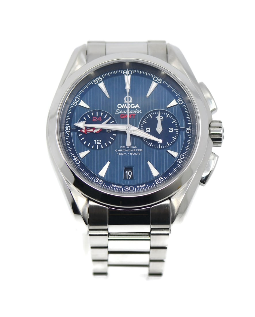 OMEGA 231.10.43.52.03.001 Seamaster Aqua Terra 43mm blue dial wristwatch: OMEGA 231.10.43.52.03.001 Seamaster Aqua Terra 43mm blue dial wristwatch Pre-owned Omega Seamaster Aqua Terra wristwatch with a blue analog dial, smooth silver bezel, and stainless steel case and brac