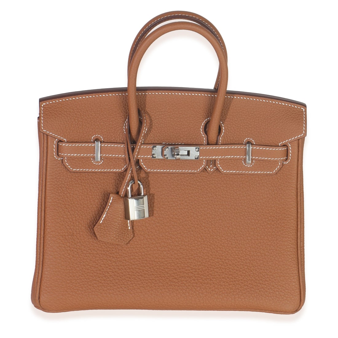 Hermes Birkin 25 Beige Leather Top Handle Bag with Silver Tone Hardware: Hermes Birkin 25 Beige Leather Top Handle Bag with Silver Tone Hardware This Hermes Birkin 25 handbag features premium beige Togo leather with silver-tone hardware and a turnlock closure. The bag incl