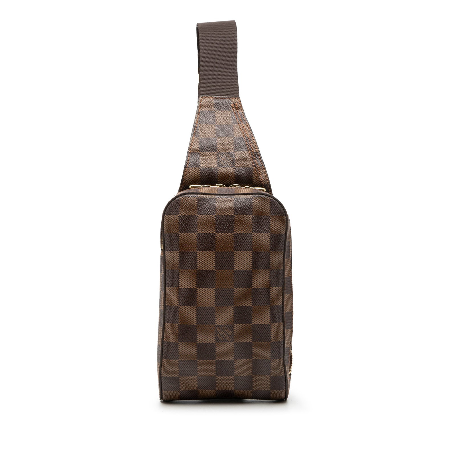 Louis Vuitton Damier Ebene belt bag with adjustable strap: Louis Vuitton Damier Ebene belt bag with adjustable strap The Louis Vuitton Damier Ebene Geronimos bag features the signature damier canvas body in brown, complemented by an adjustable flat strap and 